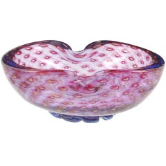 Murano Amethyst Purple Blue Gold Flecks Bubbles Italian Art Glass Footed Bowl