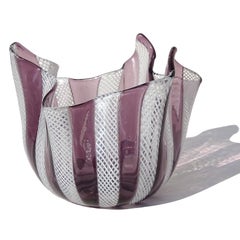 Murano Amethyst Purple White Zanfirico Ribbons Italian Art Glass Fazzoletto Vase