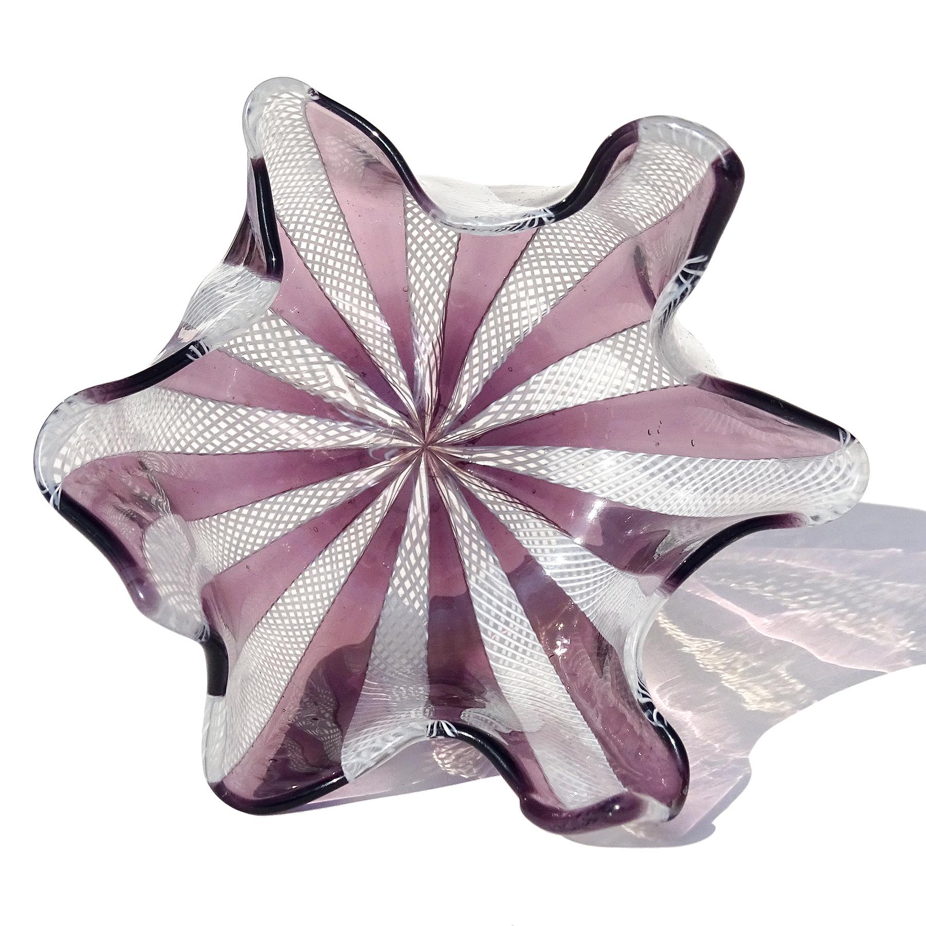Hand-Crafted Murano Amethyst Purple White Zanfirico Ribbons Italian Art Glass Fazzoletto Vase For Sale