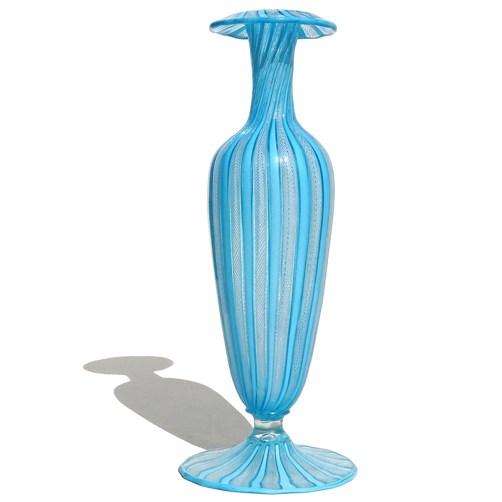 Art Deco Murano Antique Sky Blue White Zanfirico Ribbons Italian Art Glass Flower Vase