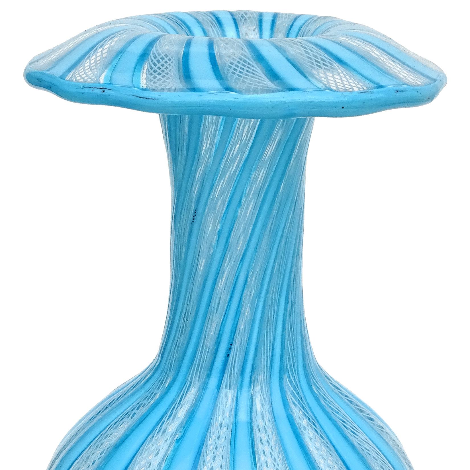 Hand-Crafted Murano Antique Sky Blue White Zanfirico Ribbons Italian Art Glass Flower Vase