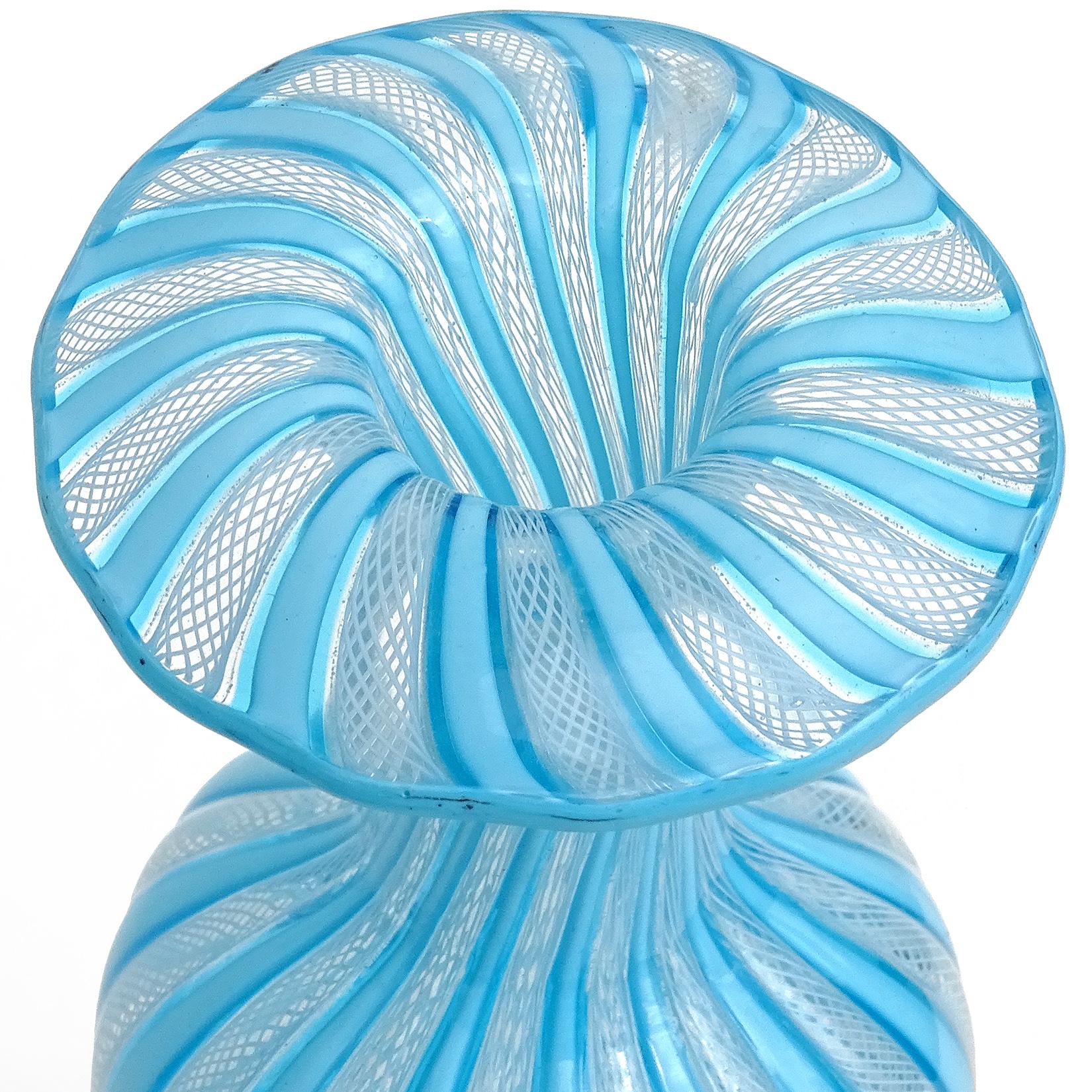 Murano Antique Sky Blue White Zanfirico Ribbons Italian Art Glass Flower Vase In Good Condition In Kissimmee, FL