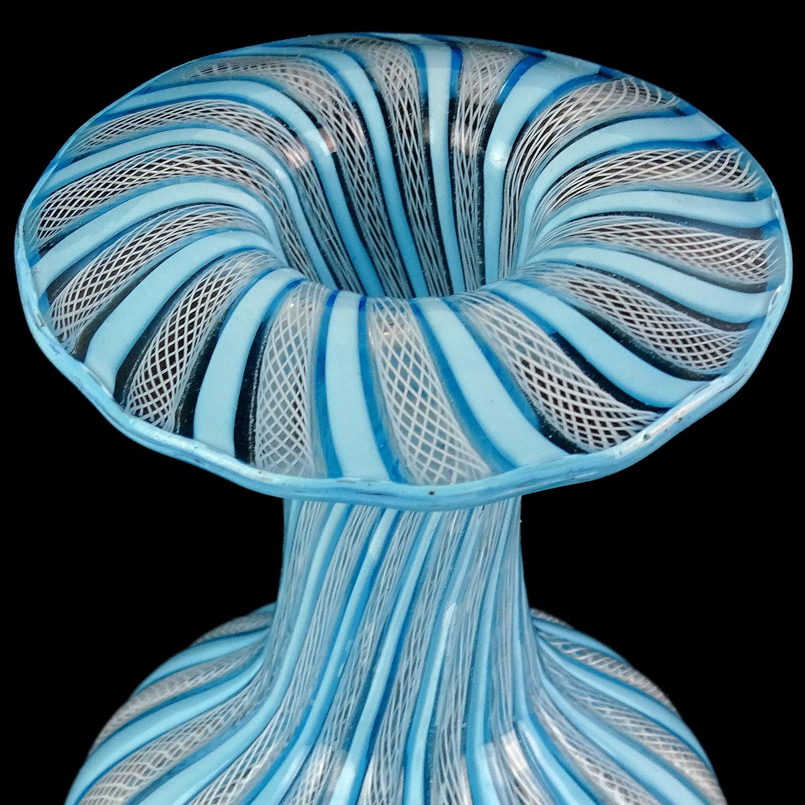 20th Century Murano Antique Sky Blue White Zanfirico Ribbons Italian Art Glass Flower Vase