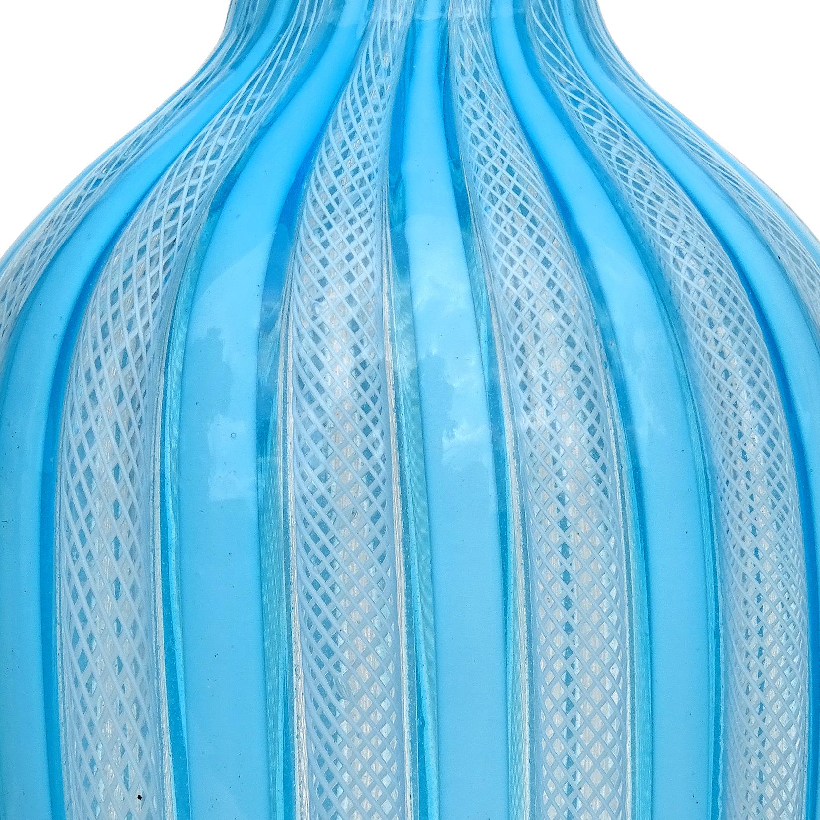 Murano Antique Sky Blue White Zanfirico Ribbons Italian Art Glass Flower Vase 1