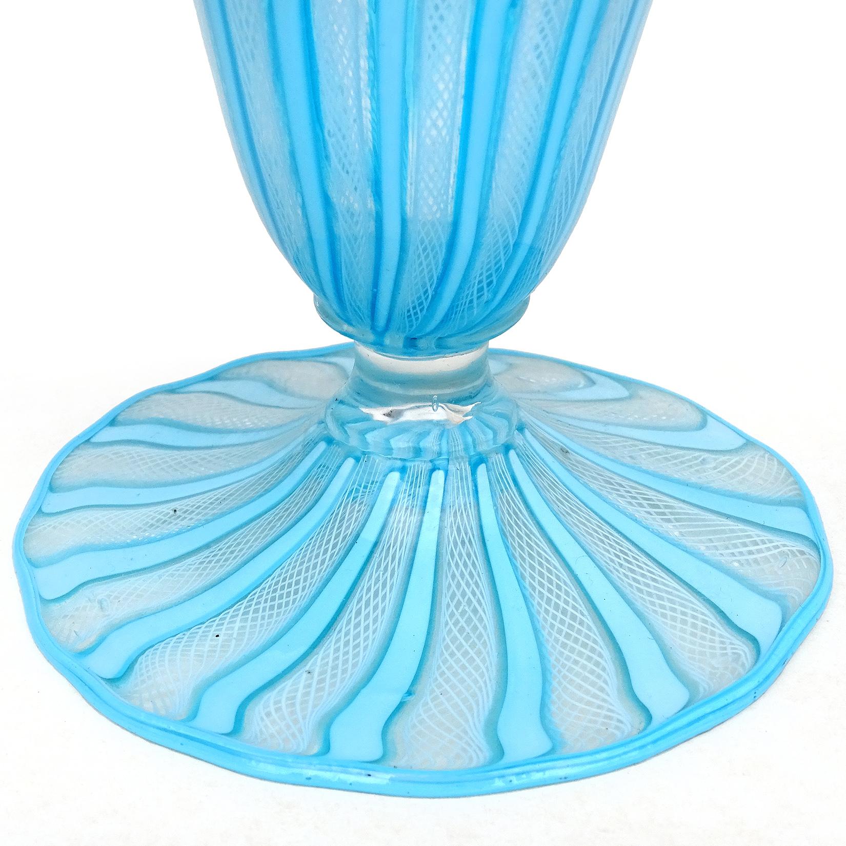 Murano Antique Sky Blue White Zanfirico Ribbons Italian Art Glass Flower Vase 2