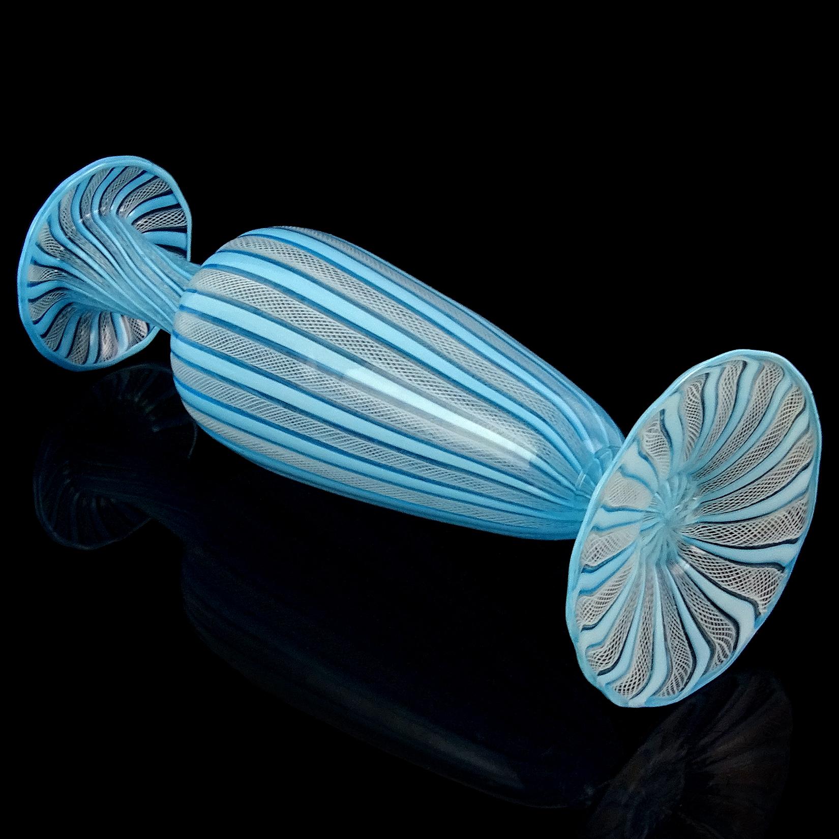 Murano Antique Sky Blue White Zanfirico Ribbons Italian Art Glass Flower Vase 3