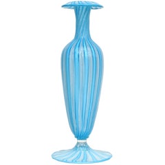 Murano Antique Sky Blue White Zanfirico Ribbons Italian Art Glass Flower Vase