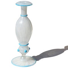 Murano Antique White Zanfirico Ribbons Sky Blue Italian Art Glass Flower Vase