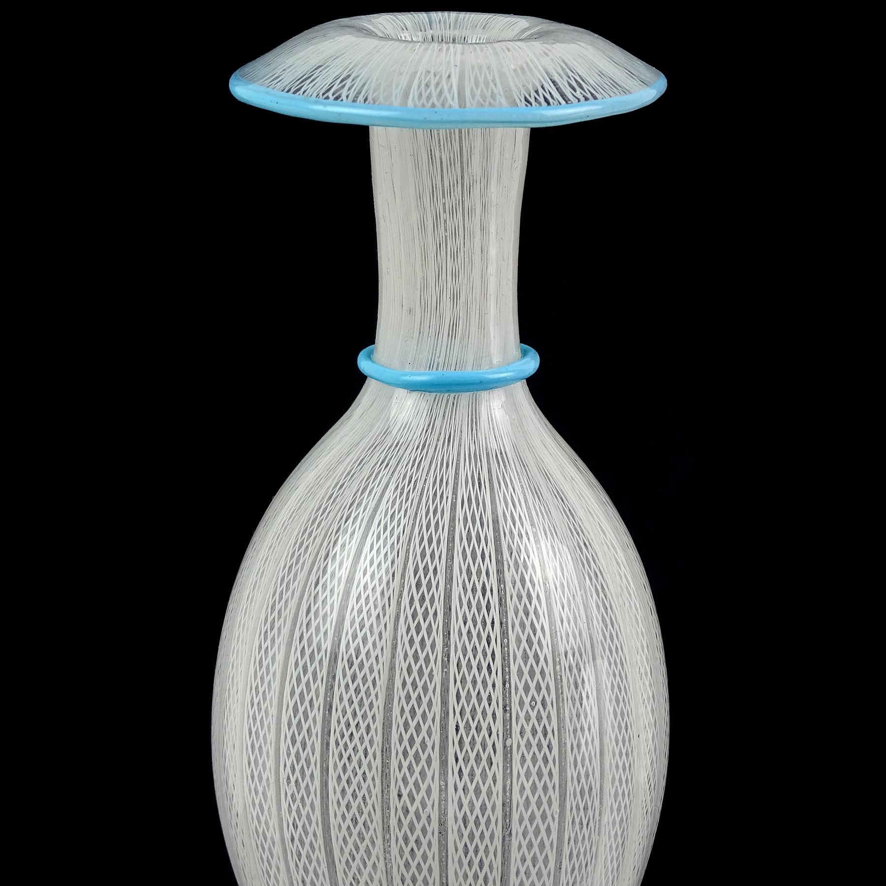 Hand-Crafted Murano Antique White Zanfirico Ribbons Sky Blue Italian Art Glass Flower Vase For Sale