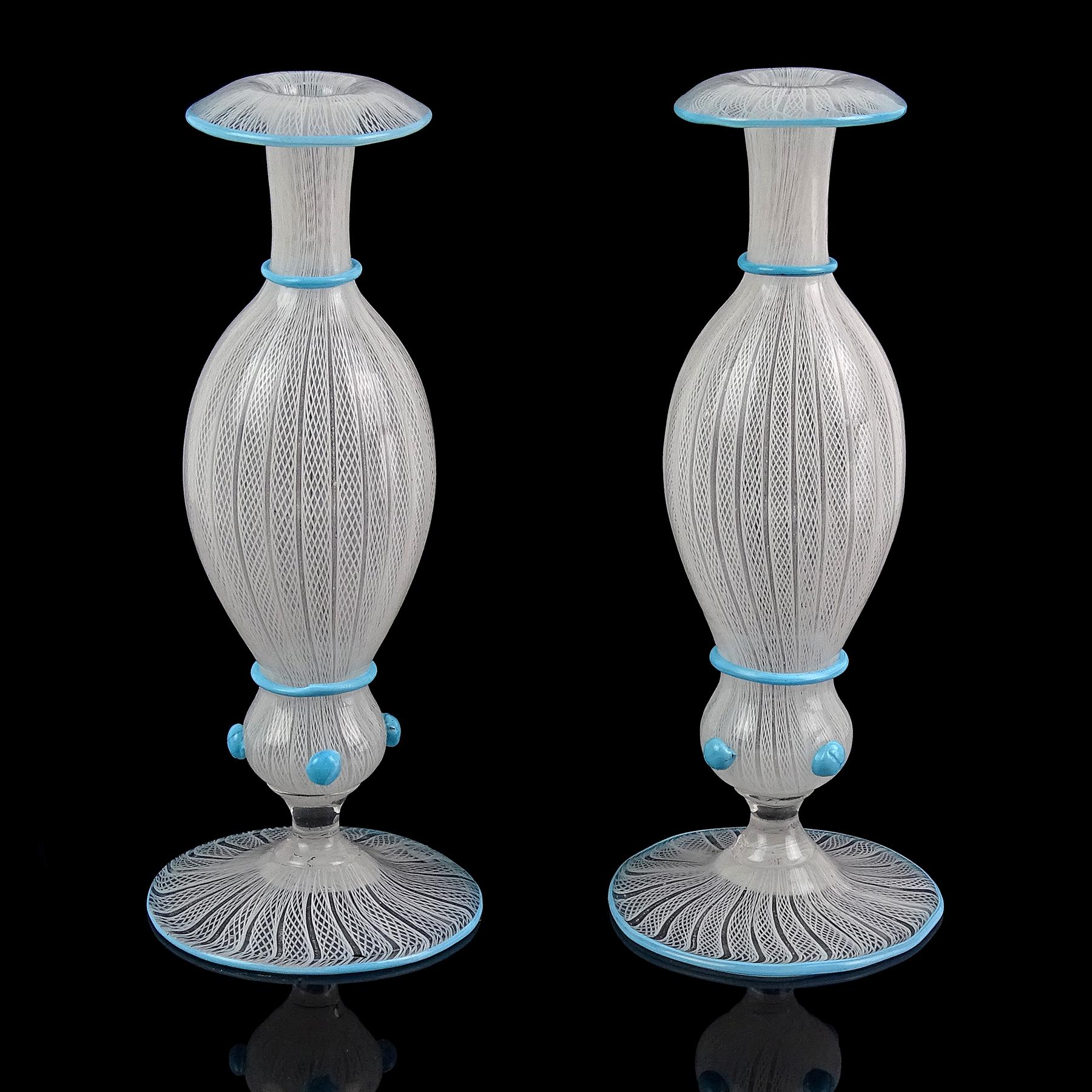 Murano Antique White Zanfirico Ribbons Sky Blue Italian Art Glass Flower Vase For Sale 2