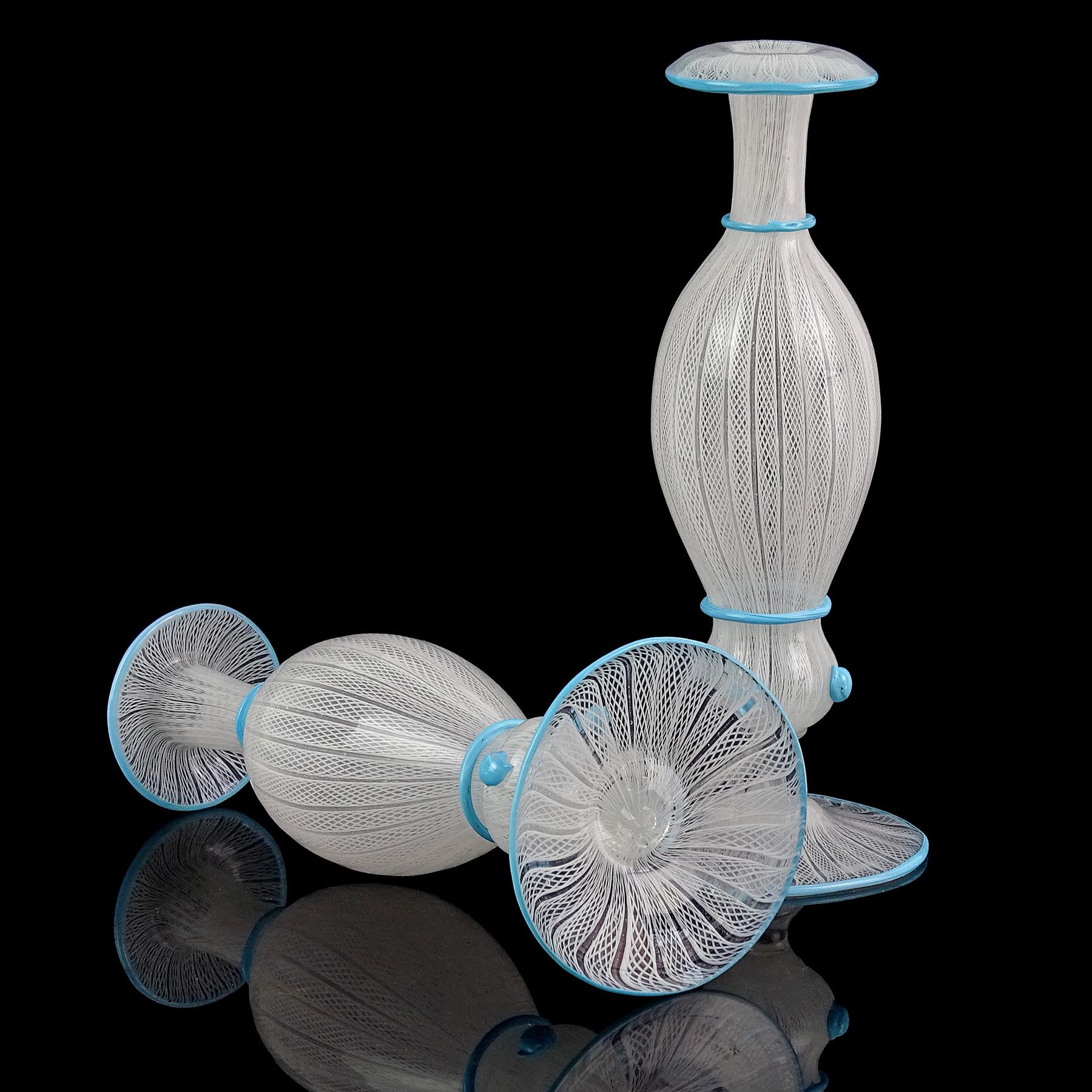 Murano Antique White Zanfirico Ribbons Sky Blue Italian Art Glass Flower Vase For Sale 3