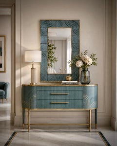 Murano Aqua Blu Art Glass and Brass Italian Console Wall Mirror, 2020