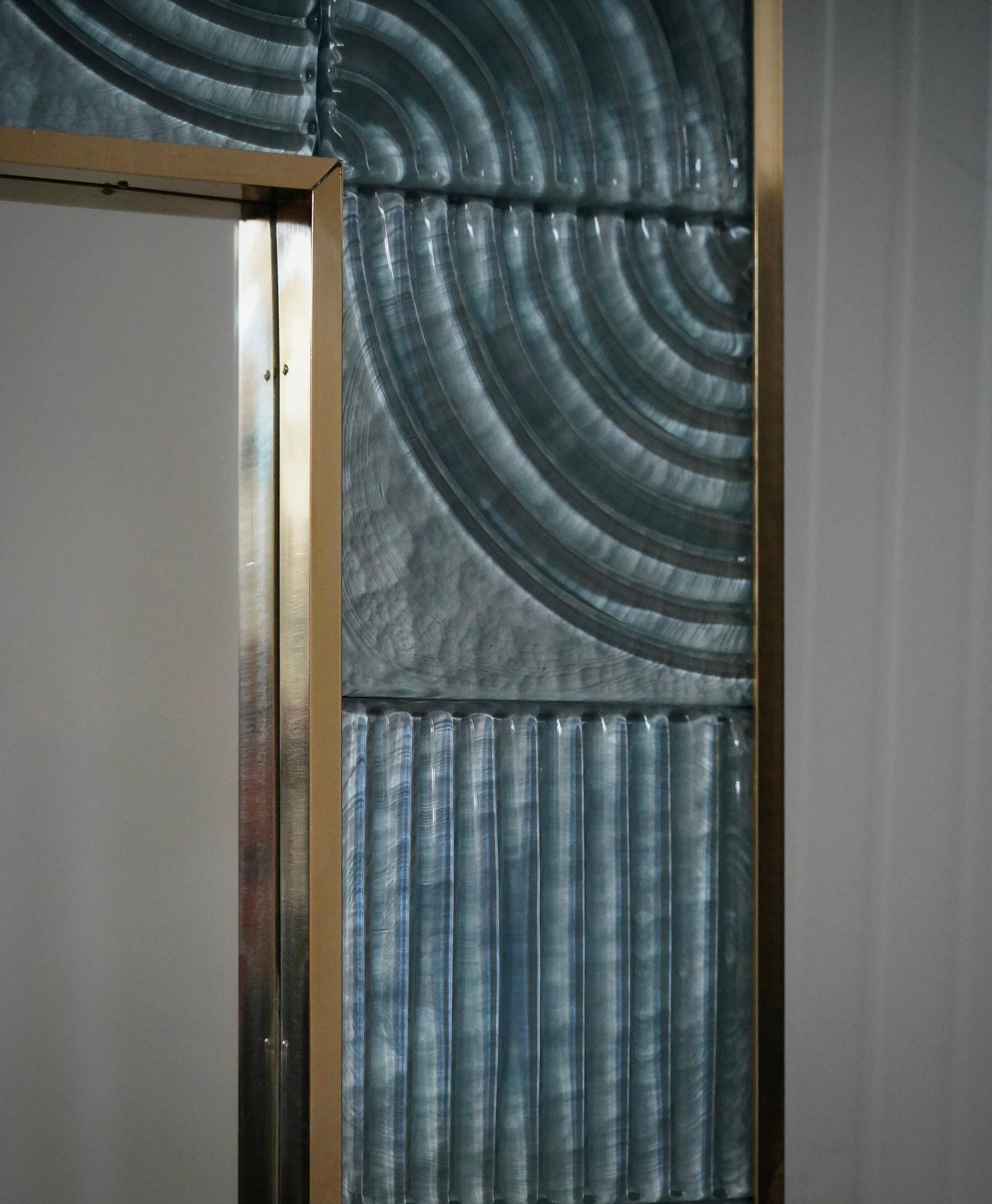 Mid-Century Modern Murano Aqua Blu Art Glass and Brass Italian Console Wall Mirror, 2020 For Sale