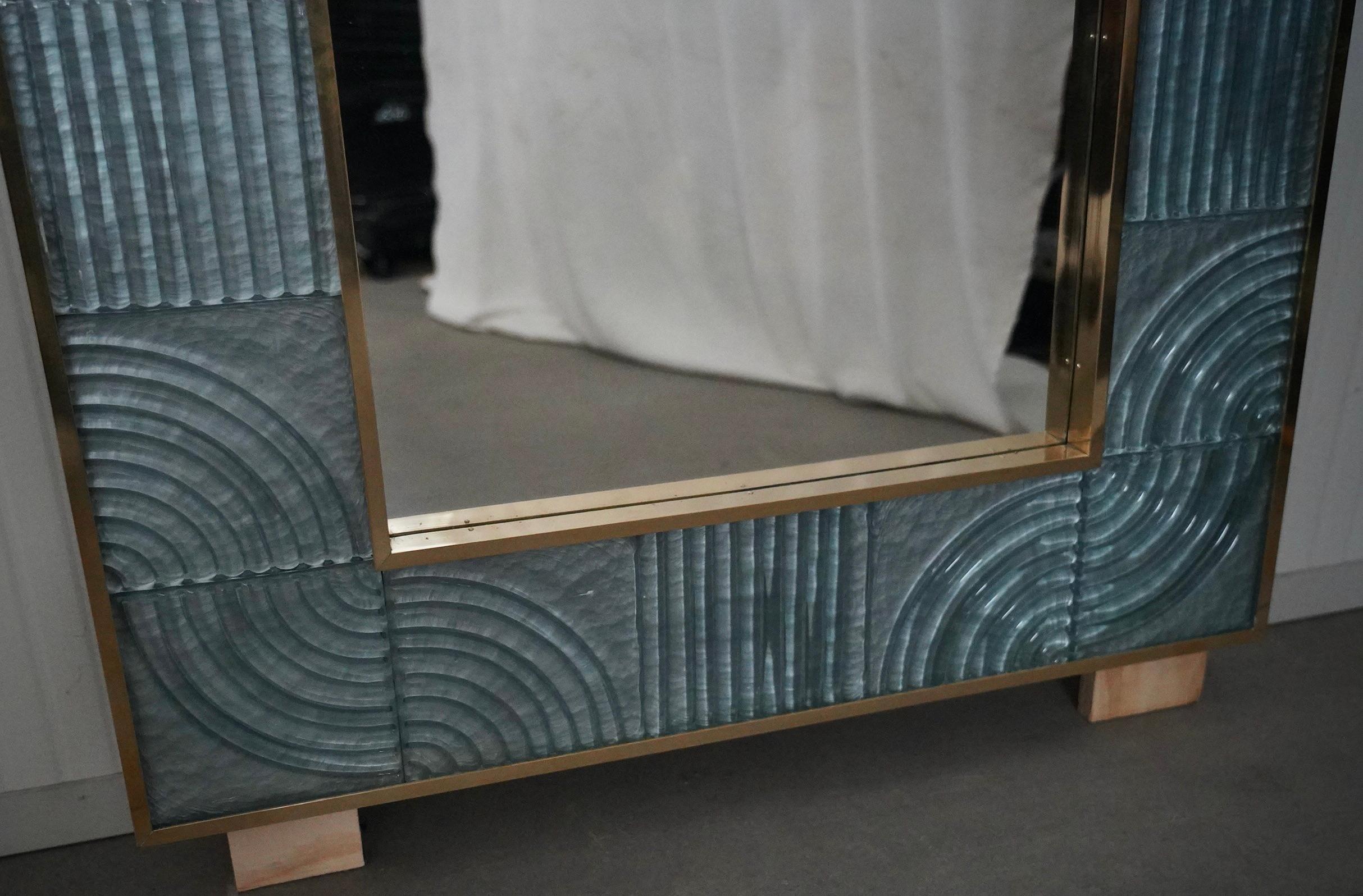 Murano Aqua Blu Art Glass and Brass Italian Console Wall Mirror, 2020 For Sale 1