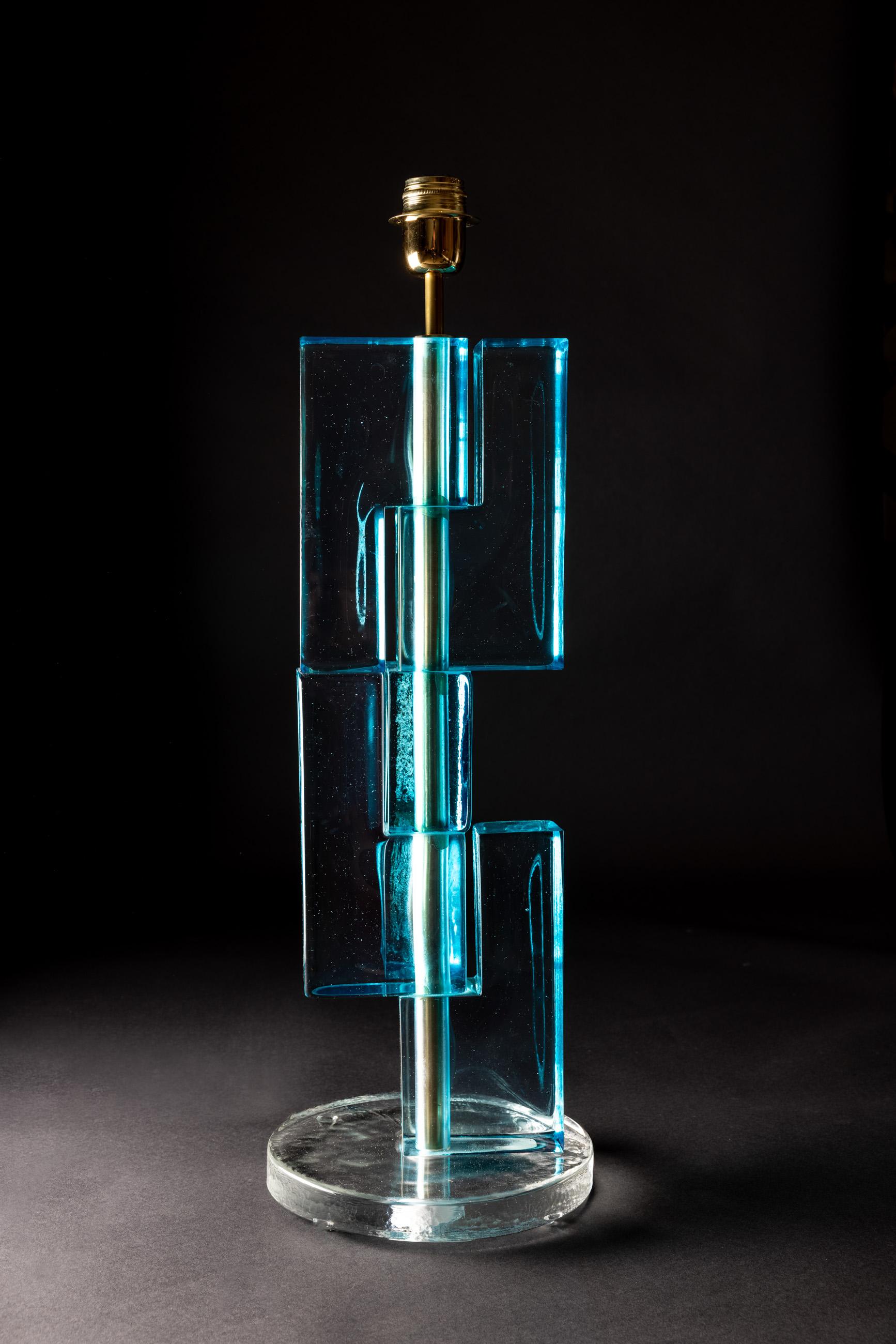 Unusual cubic murano solid glass aqua table lamps in perfect condition.