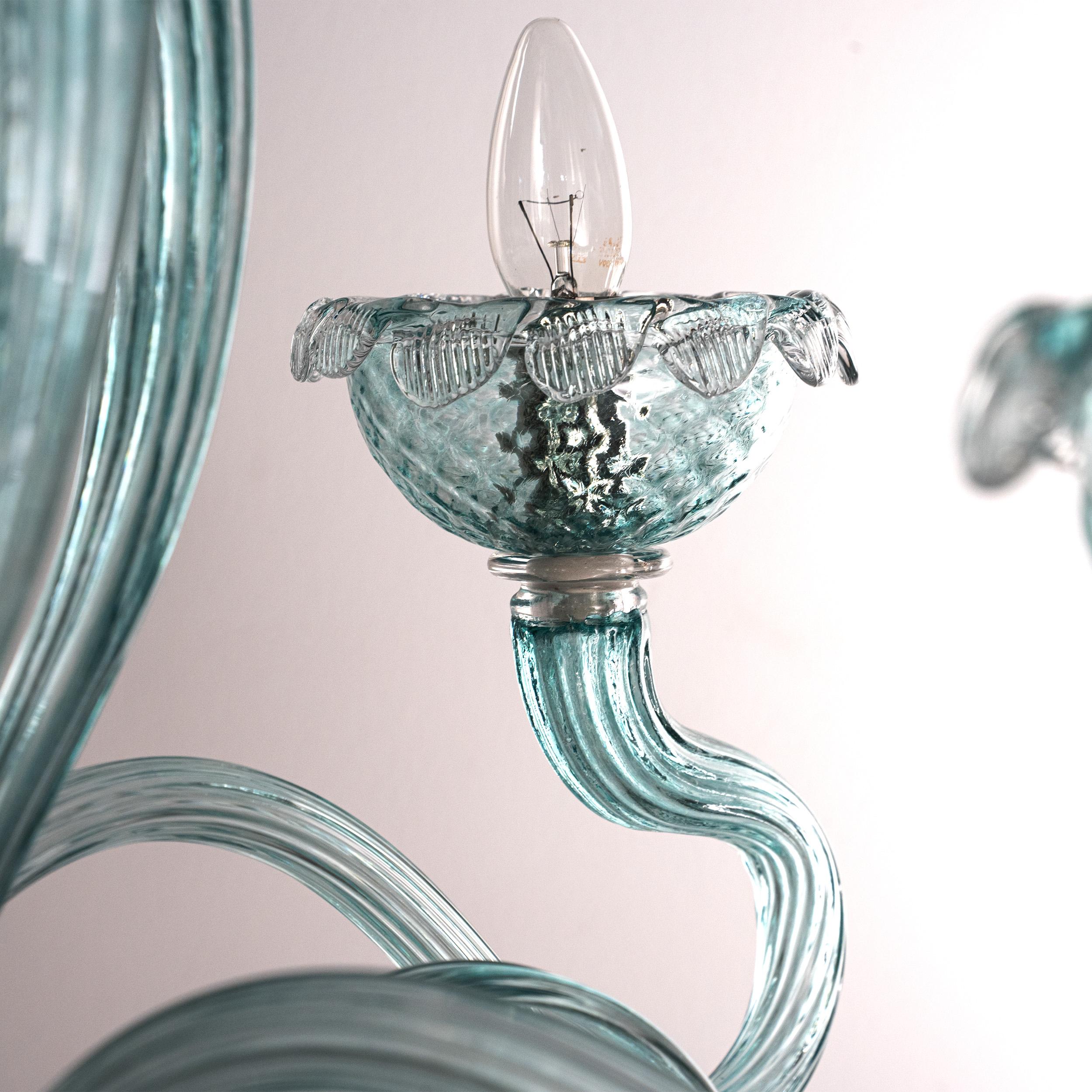 Murano Clear and Aquamarine glass chandelier 5 lights, Vintage Made in Italy in stock
Condition: virtually perfect condition and never used: no heavy scratches, no defects, no cracks no missing parts.
 
Type: Venetian chandelier
Dimensions: Ø75 x