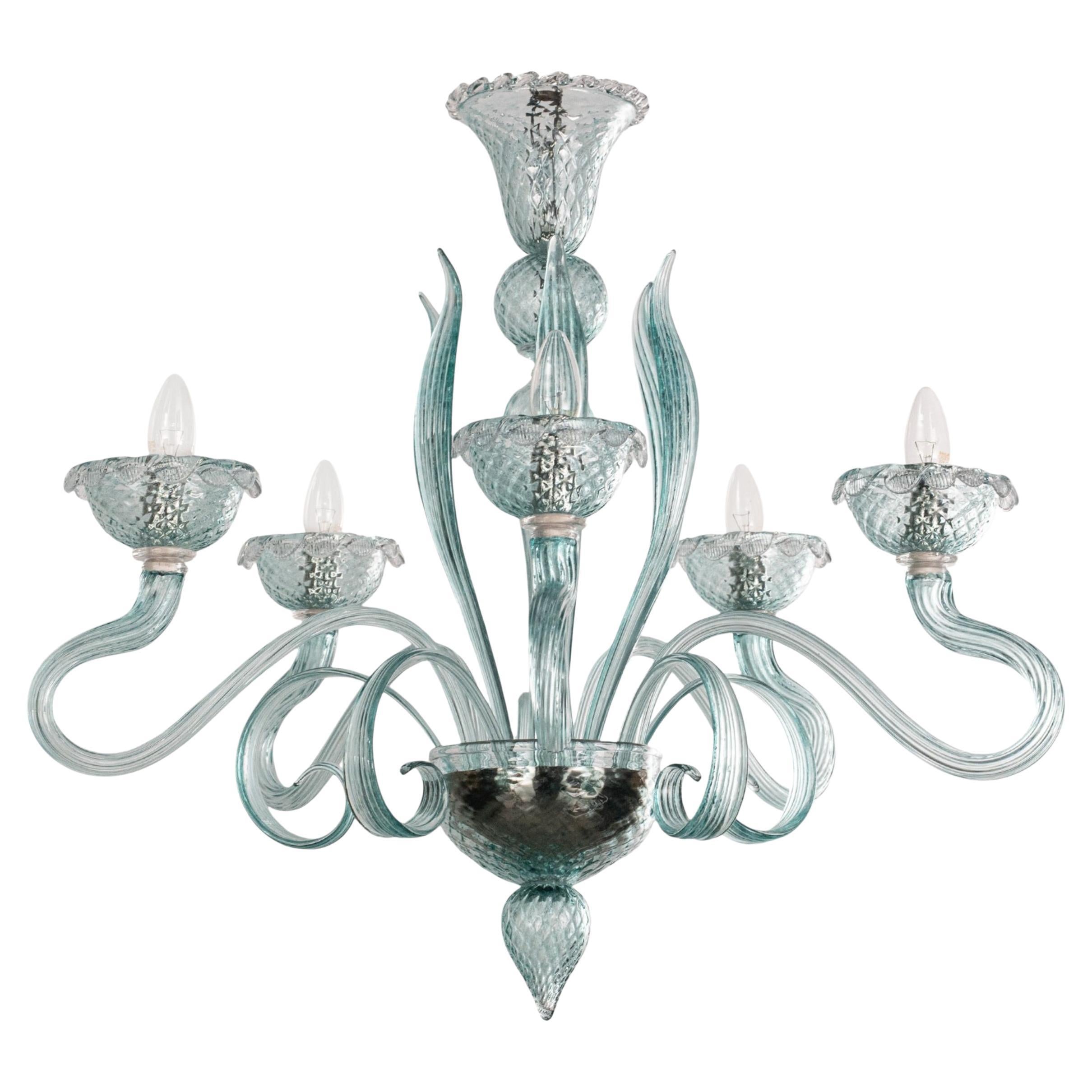Murano Aquamarine glass chandelier 5 lights, Vintage Made in Italy in stock