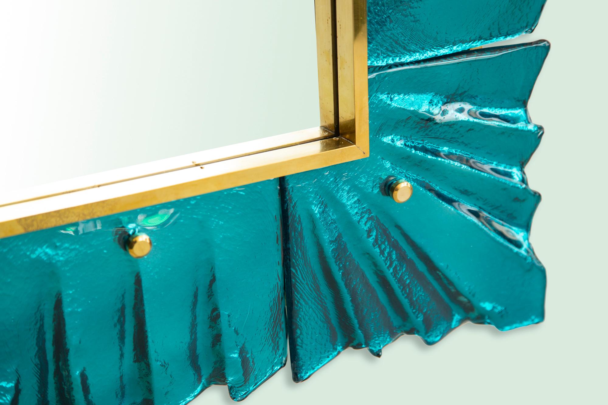 Mid-Century Modern Murano Aquamarine Glass Framed Mirror, in Stock