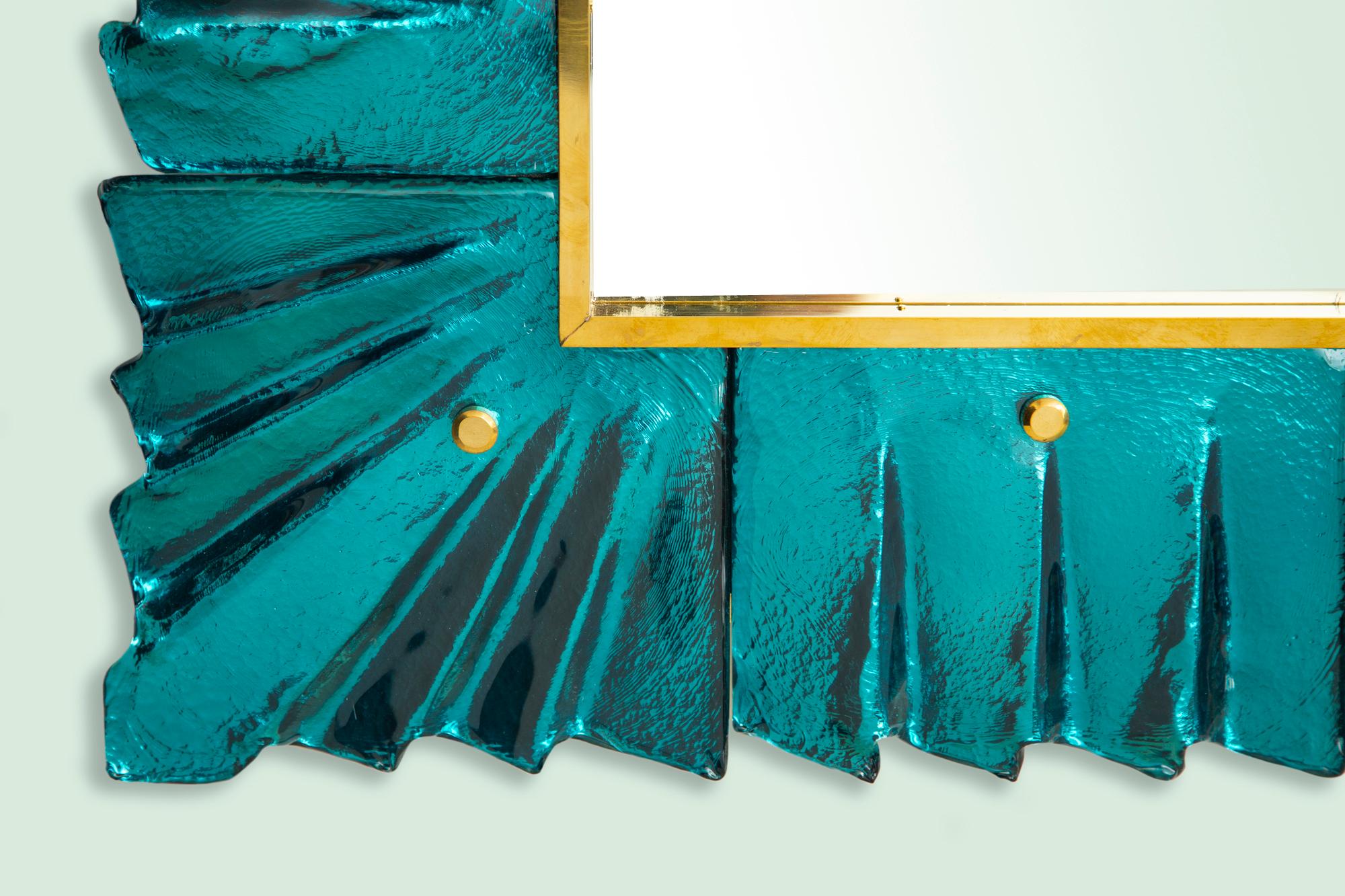 Italian Murano Aquamarine Glass Framed Mirror, in Stock