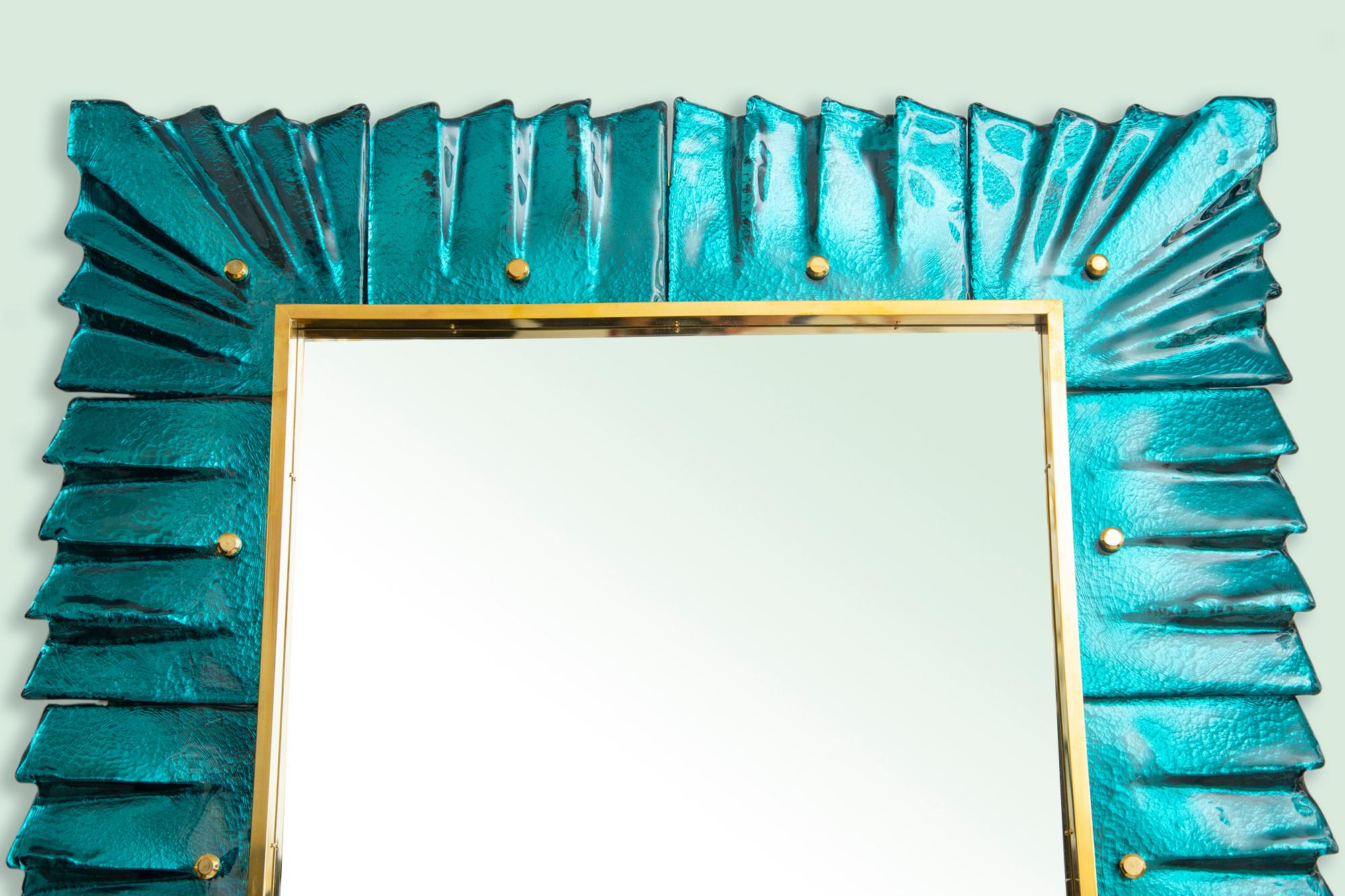 Murano Aquamarine Glass Framed Mirror, in Stock In Excellent Condition In Miami, FL