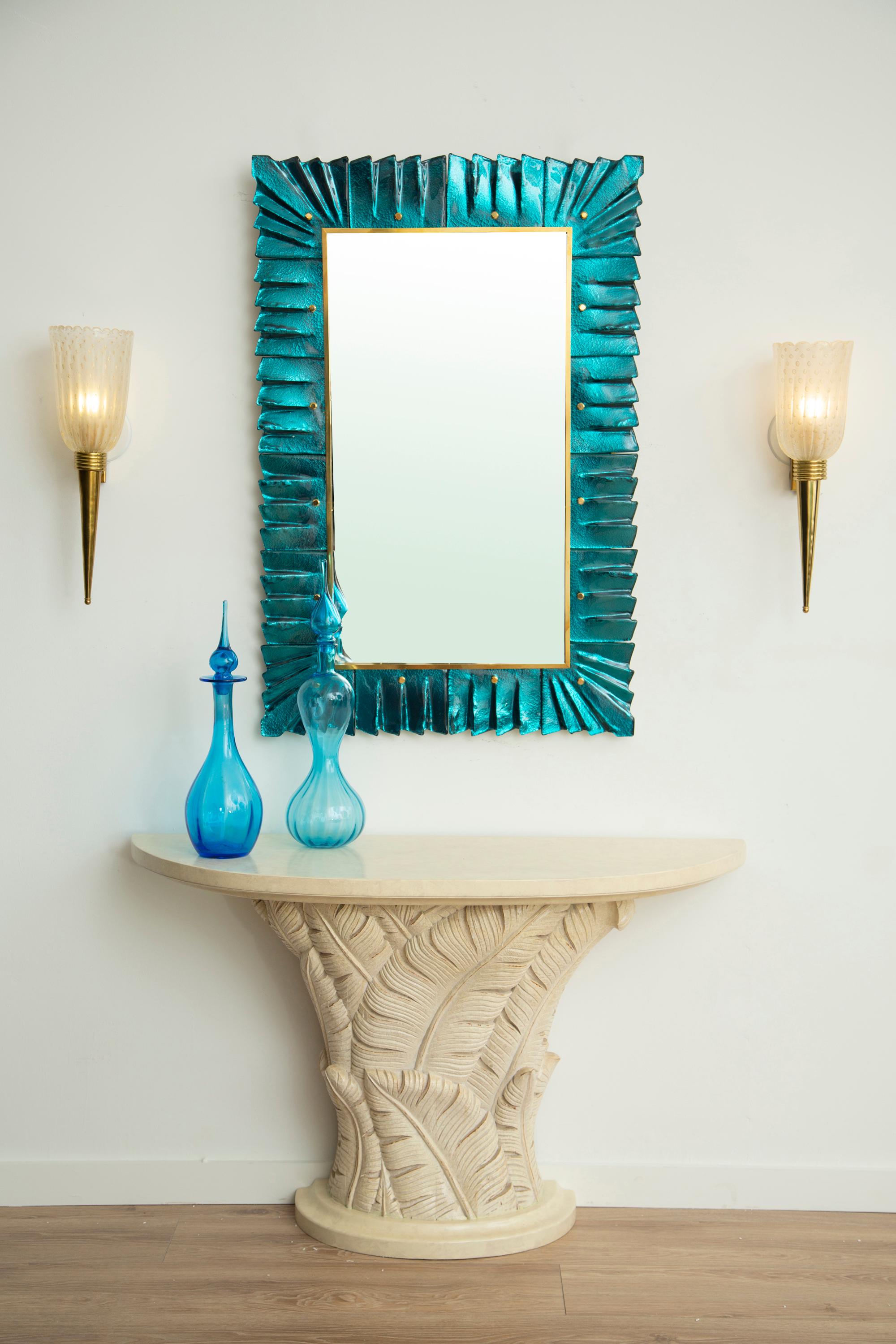 Contemporary Murano Aquamarine Glass Framed Mirror, in Stock