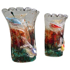 Murano Aquarium Glass Wall Sconces with Applied Fish and Aventurine, Italy 1960