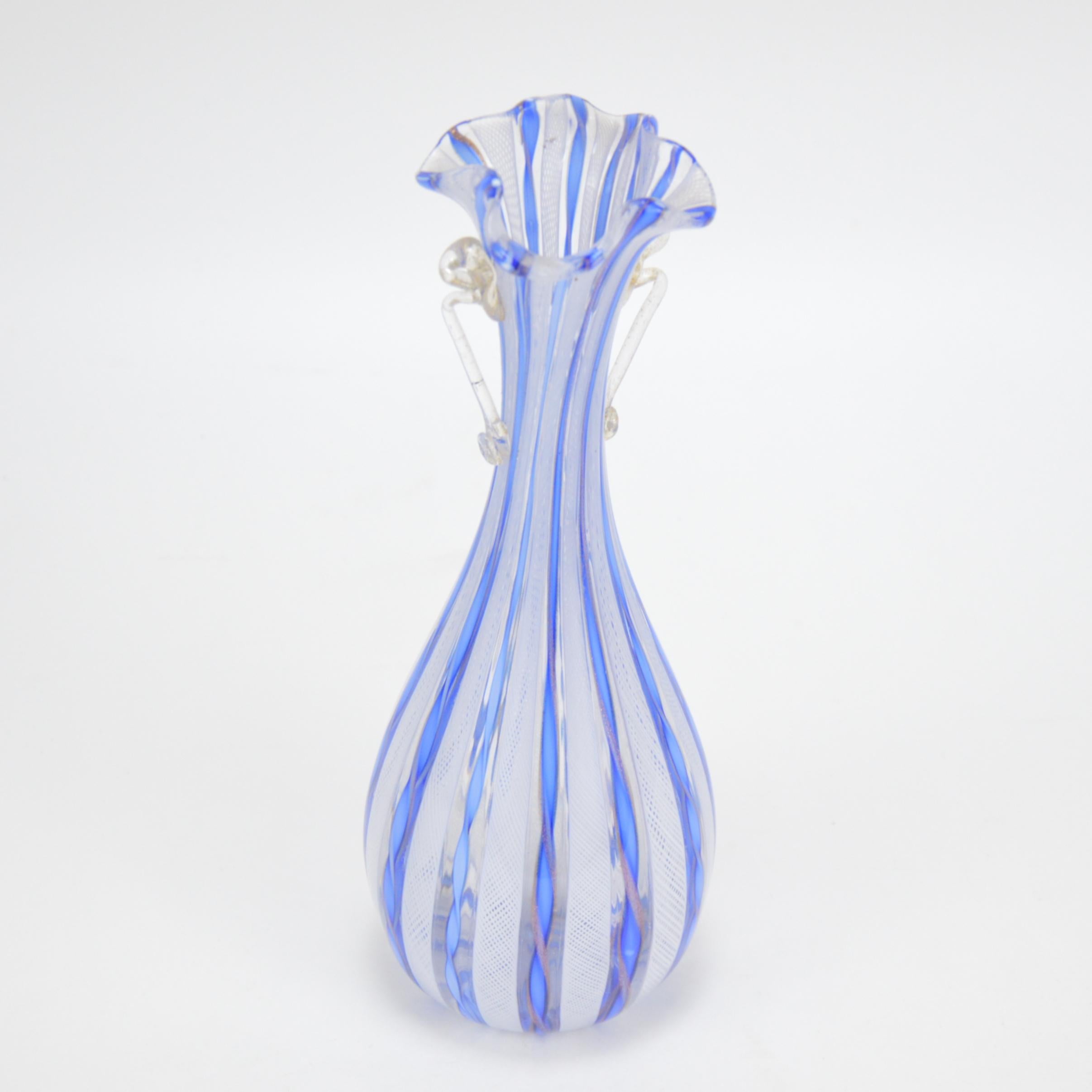 Murano Art blown glass vase. White stripe decoration. Italy. 20th century.