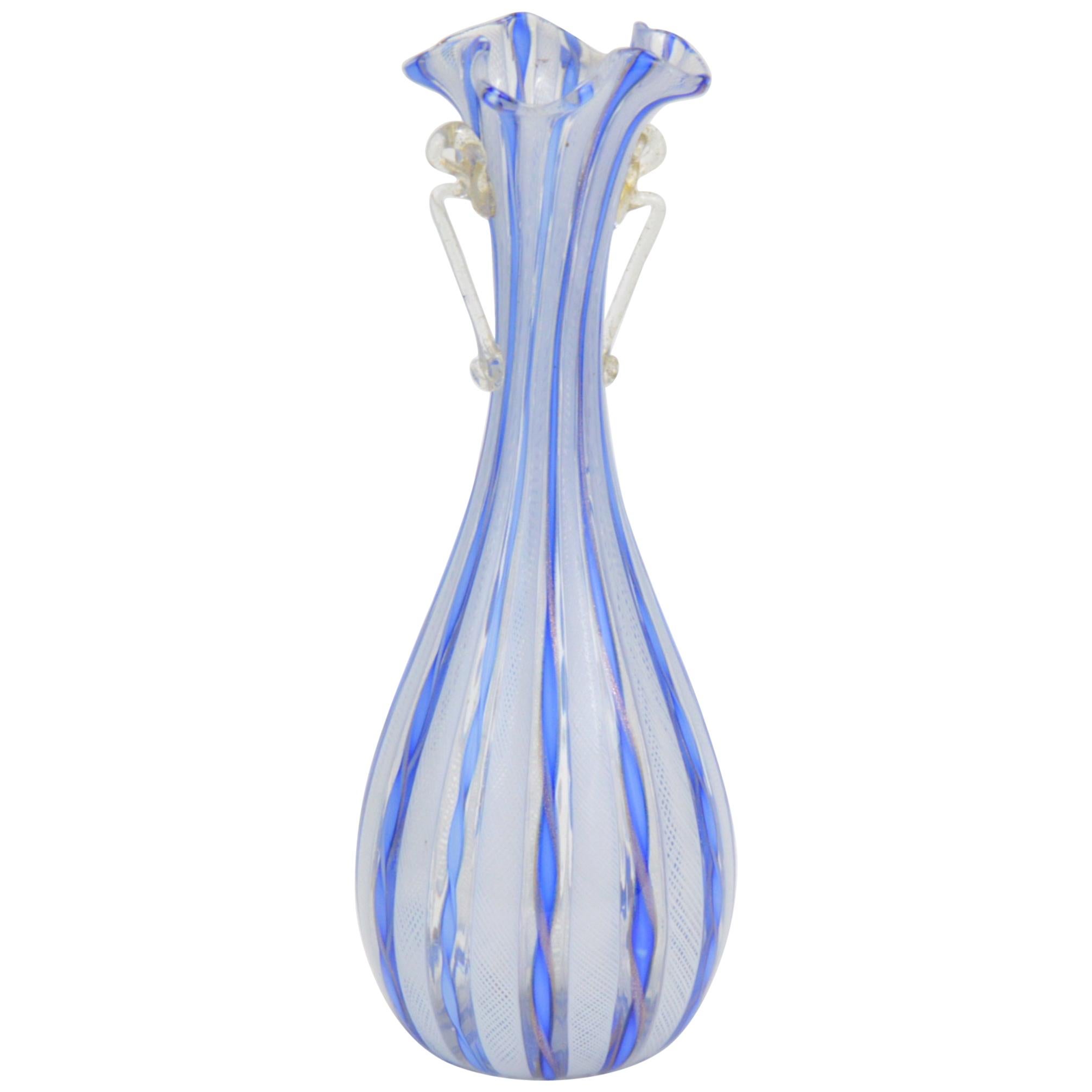 Murano Art blown Glass Vase White Stripe Italian For Sale