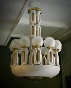 Murano Art Deco Art Glass Brass and Ceramic Chandelier and Pendant, 1950