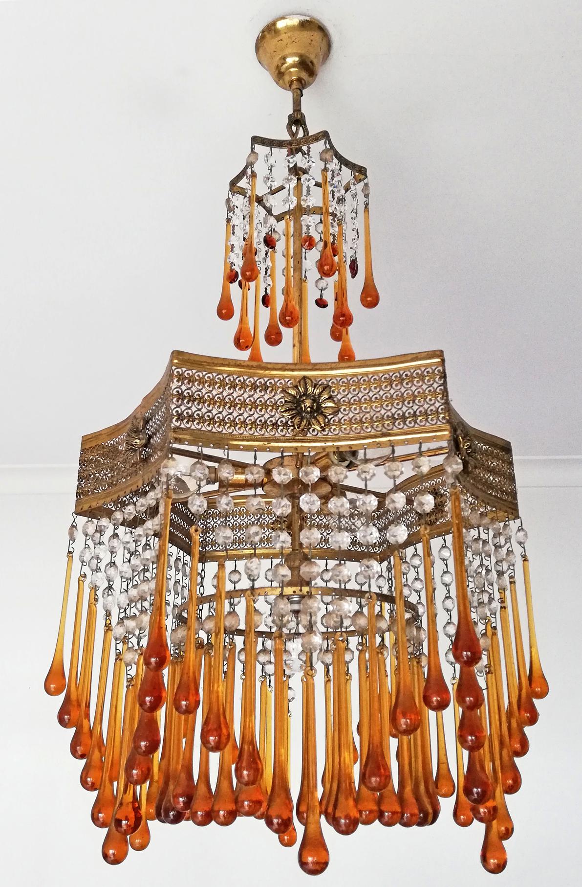 Hollywood Regency Murano Art Deco Art Nouveau Amber Glass Teardrops Crystal 4Light Gilt Chandelier