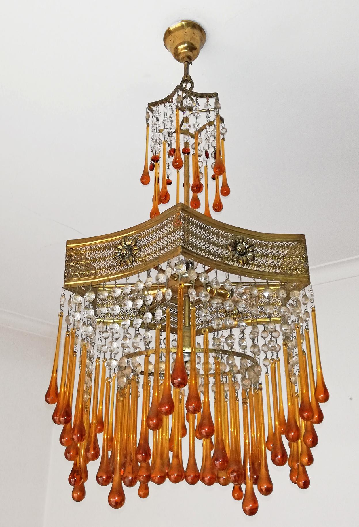 Italian Murano Art Deco Art Nouveau Amber Glass Teardrops Crystal 4Light Gilt Chandelier