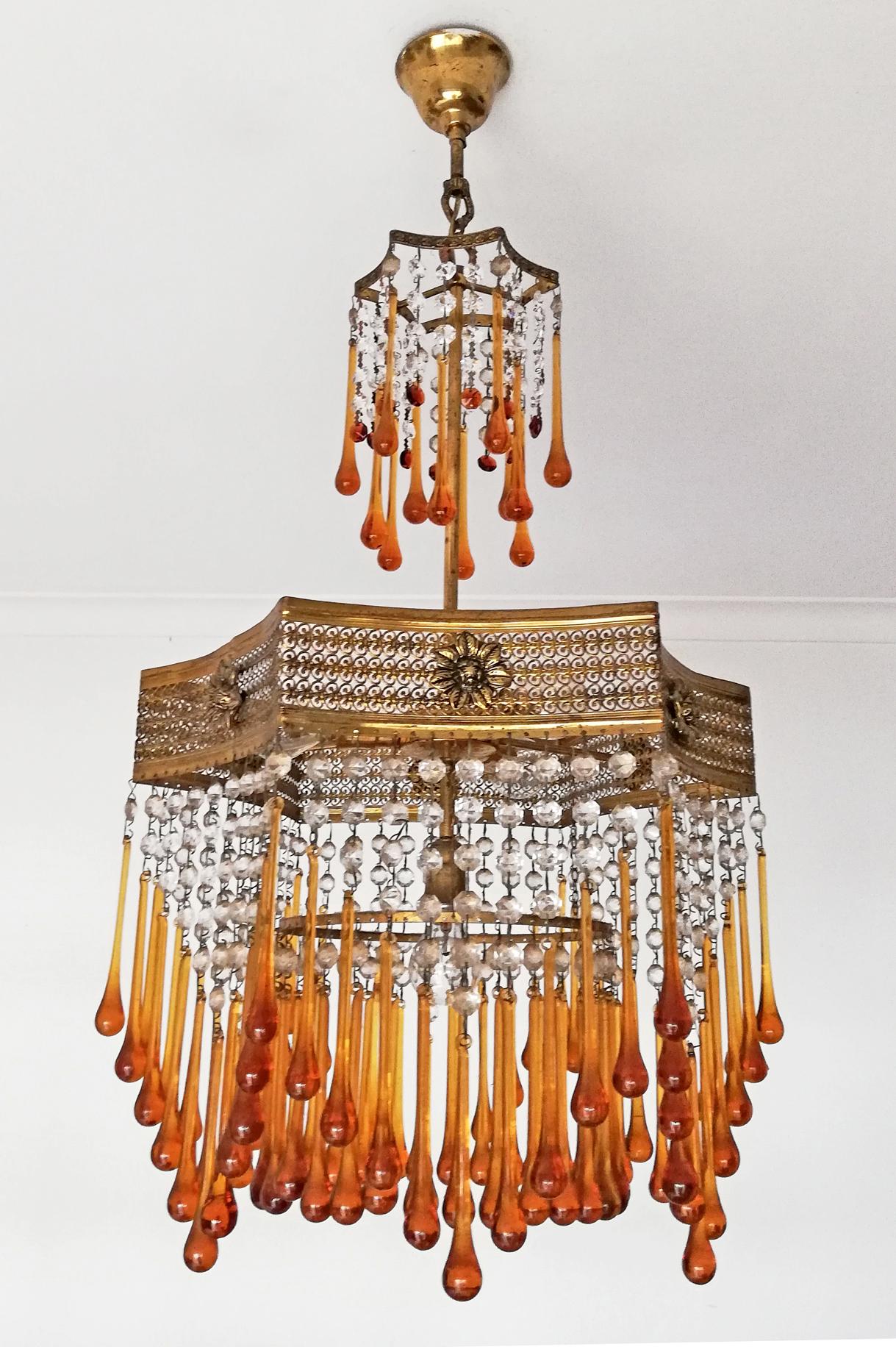 Murano Art Deco Art Nouveau Amber Glass Teardrops Crystal 4Light Gilt Chandelier In Good Condition In Coimbra, PT