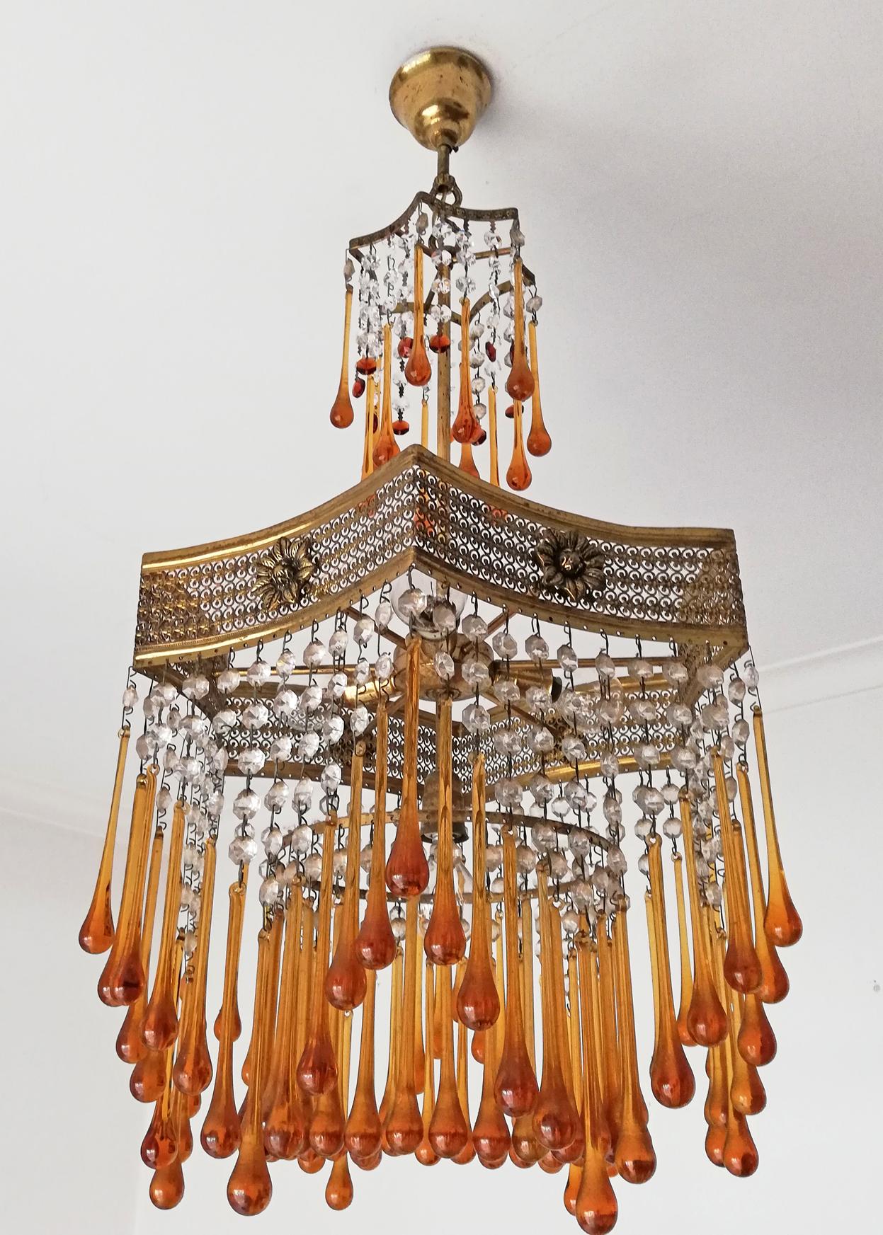 20th Century Murano Art Deco Art Nouveau Amber Glass Teardrops Crystal 4Light Gilt Chandelier