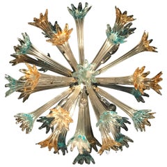 Murano Art Glass Amber and Turquoise Color  Flower Sputnik Chandelier, 1970s