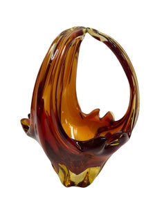 Murano Art Glass Amber Brown Basket Fruit Bowl Catchall Italy, Sommerso, 1970s