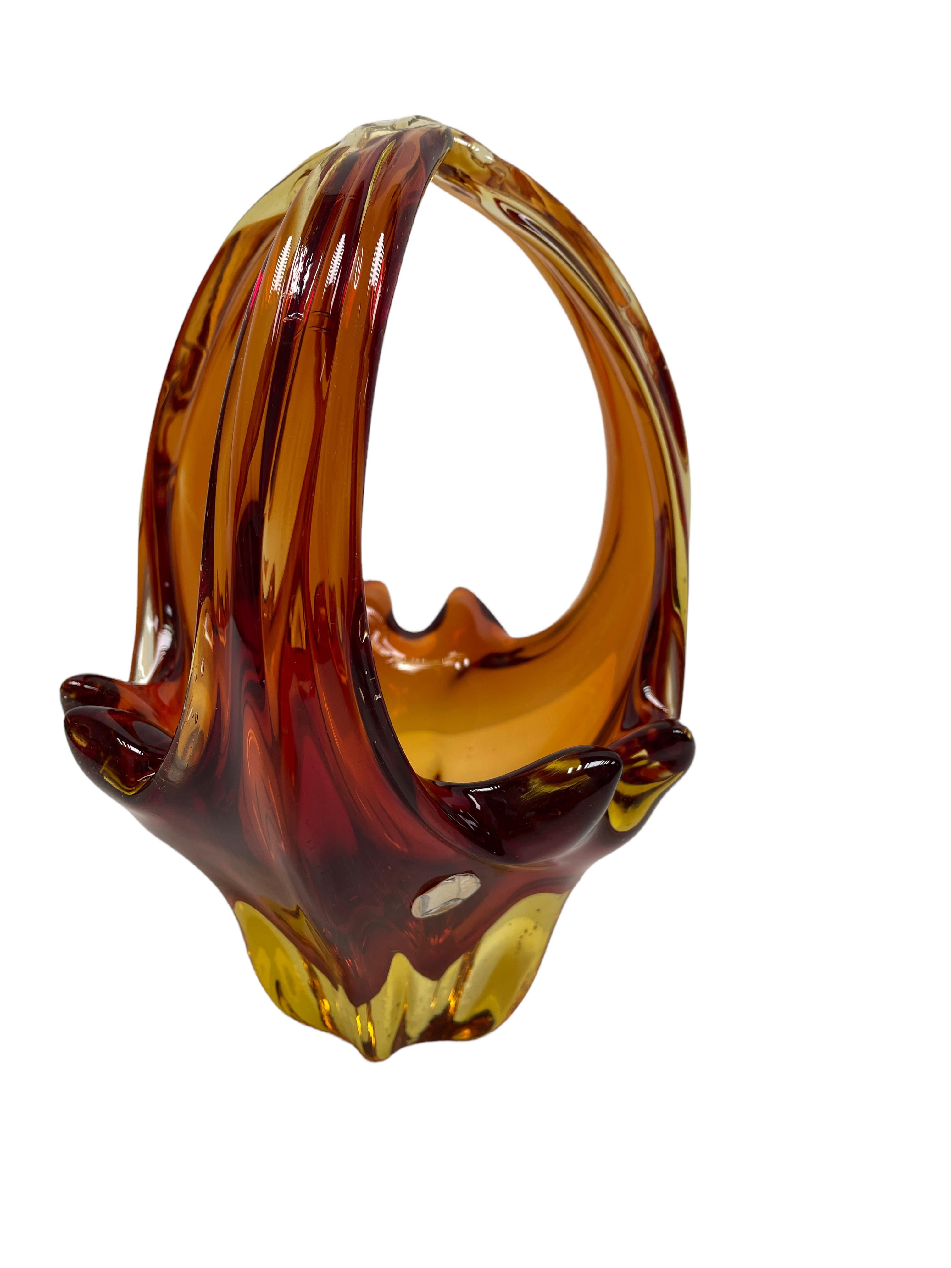Italian Murano Art Glass Amber Brown Basket Fruit Bowl Catchall Italy, Sommerso, 1970s