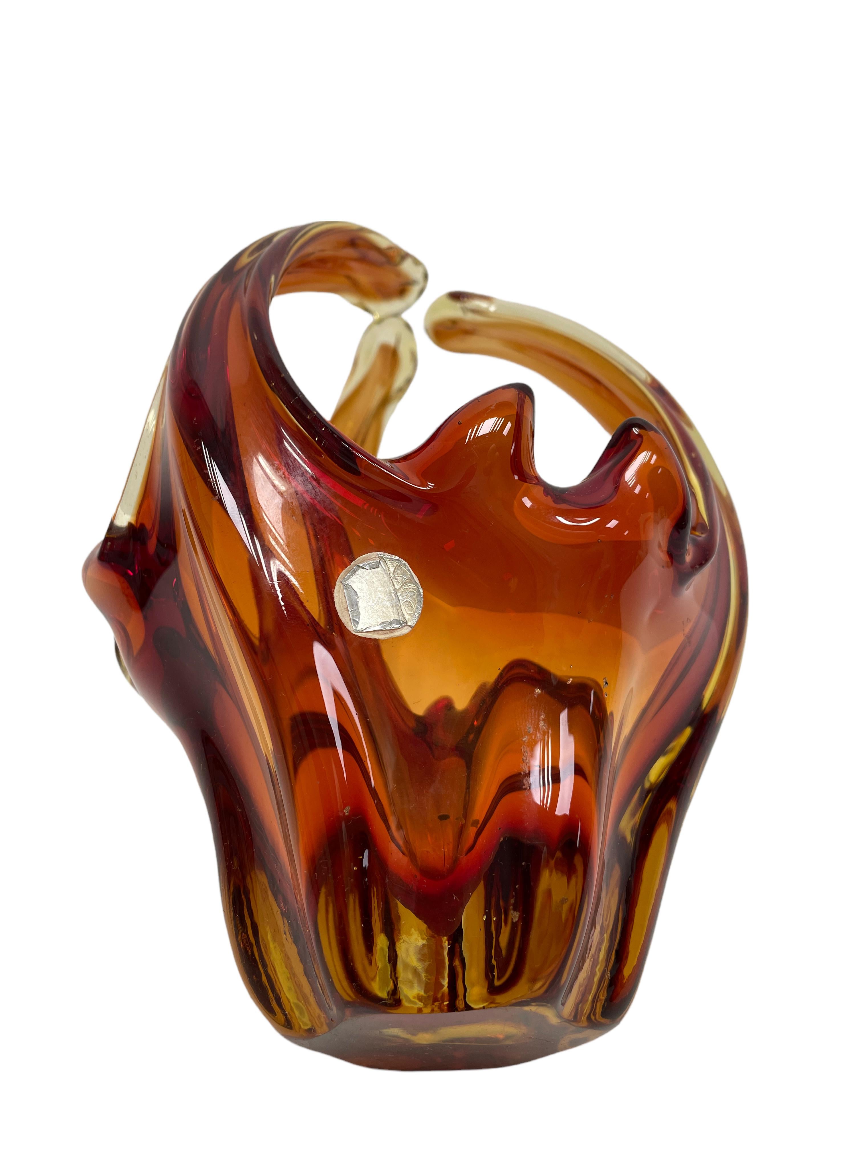 Hand-Crafted Murano Art Glass Amber Brown Basket Fruit Bowl Catchall Italy, Sommerso, 1970s