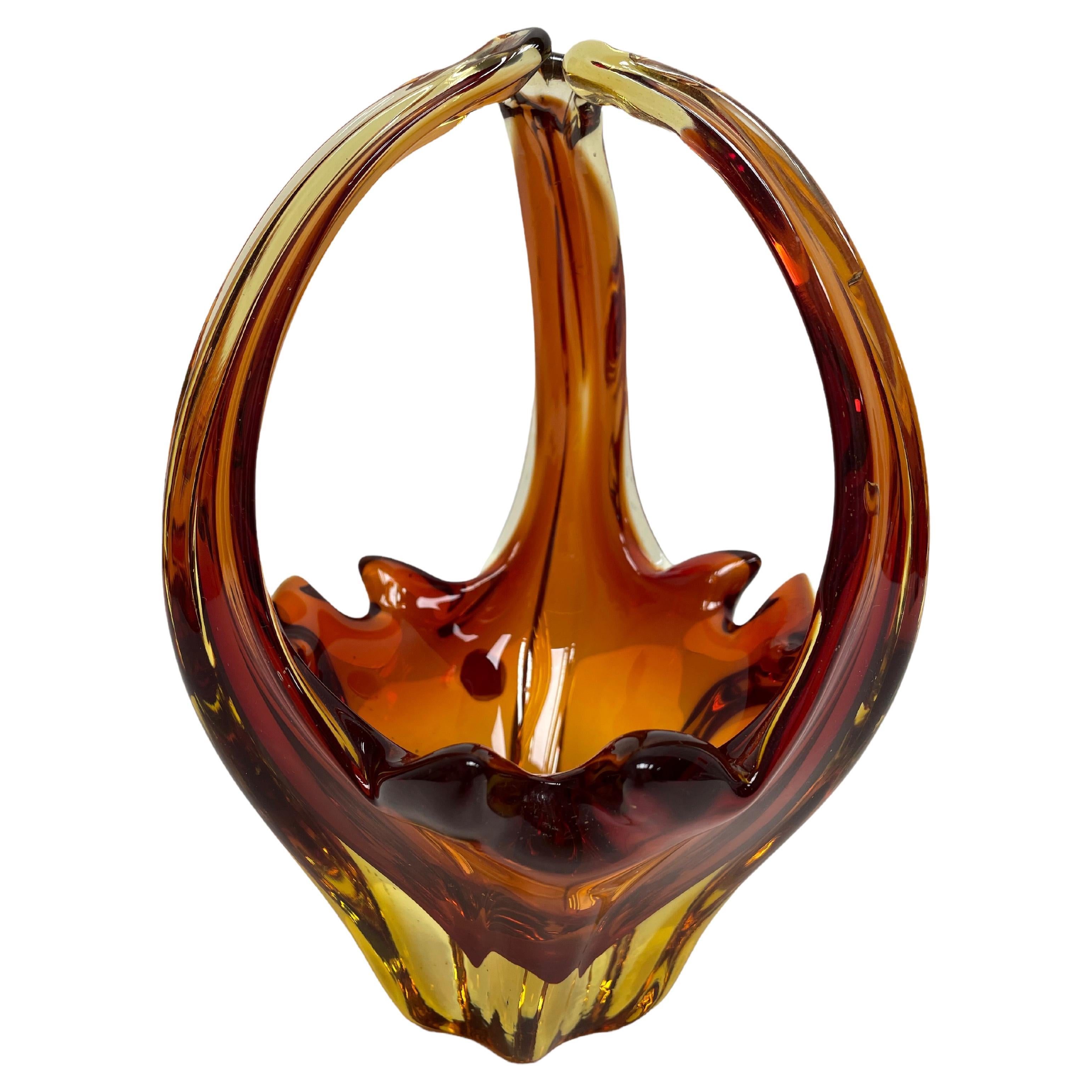 Murano Art Glass Amber Brown Basket Fruit Bowl Catchall Italy, Sommerso, 1970s