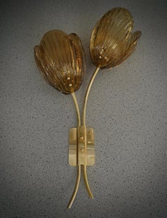Murano Art Glass and Brass Amber Color Art Deco Wall Light and Sconces, 2020