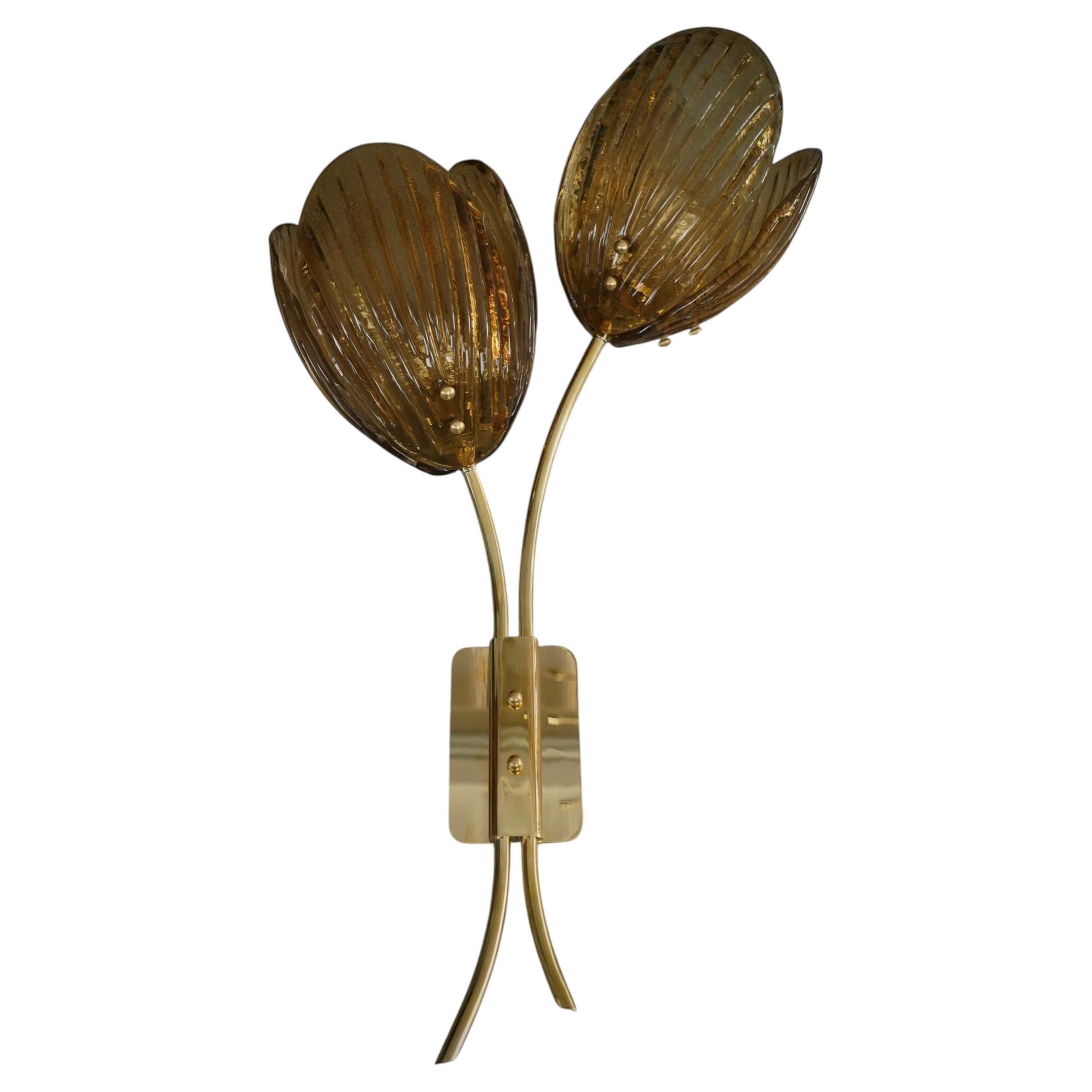 Murano Art Glass and Brass Amber Color Art Deco Wall Light and Sconces, 2020