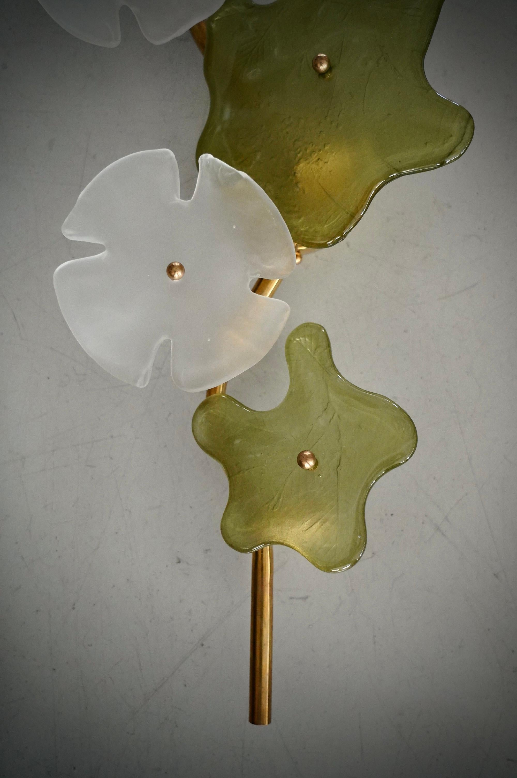Mid-Century Modern Murano Art Glass and Brass Green and Ice White Wall Light and Sconces, 2000 For Sale