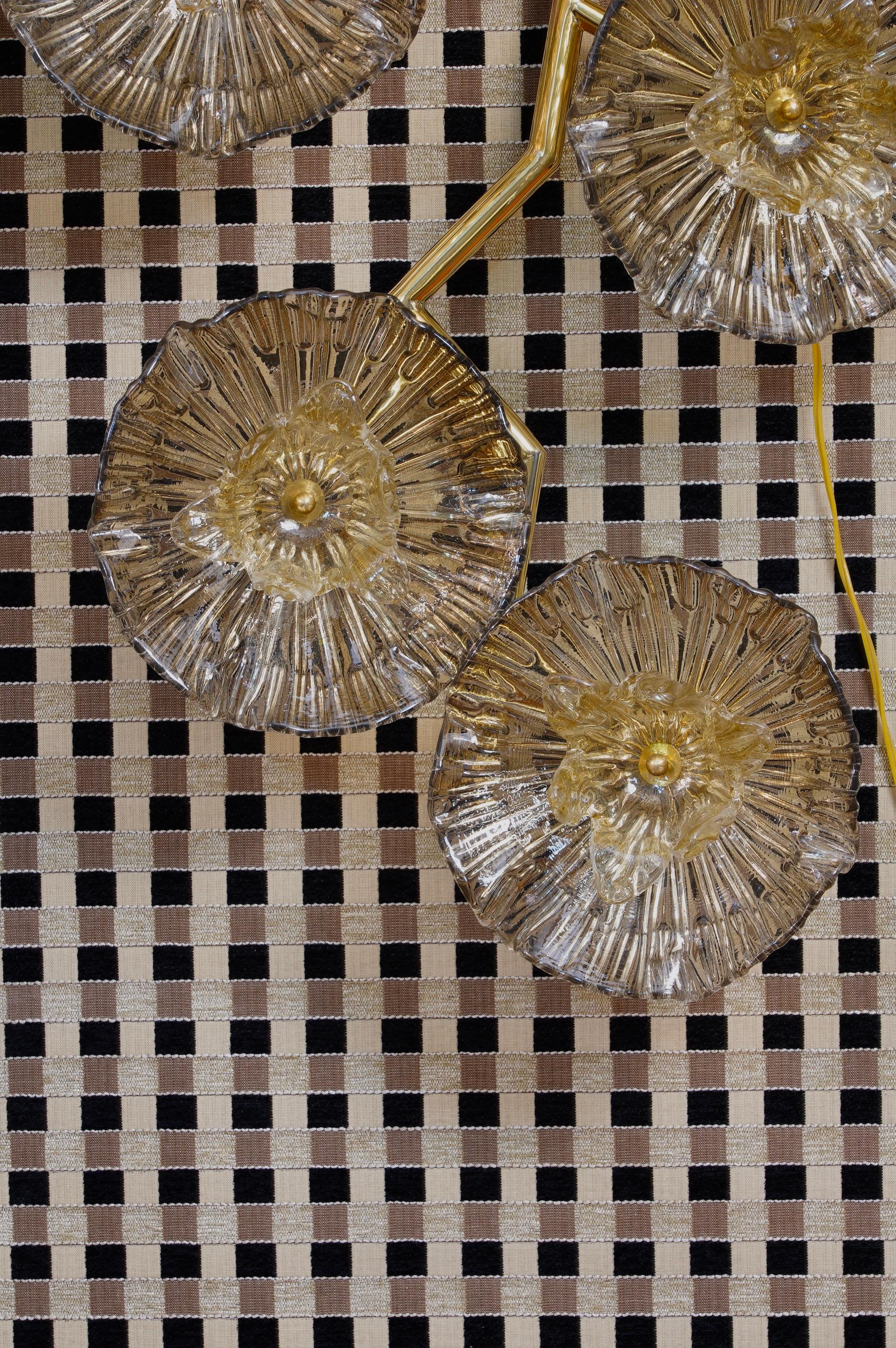 Mid-Century Modern Murano Art Glass and Brass Midcentury Chandelier / Wall Light, 2010 For Sale
