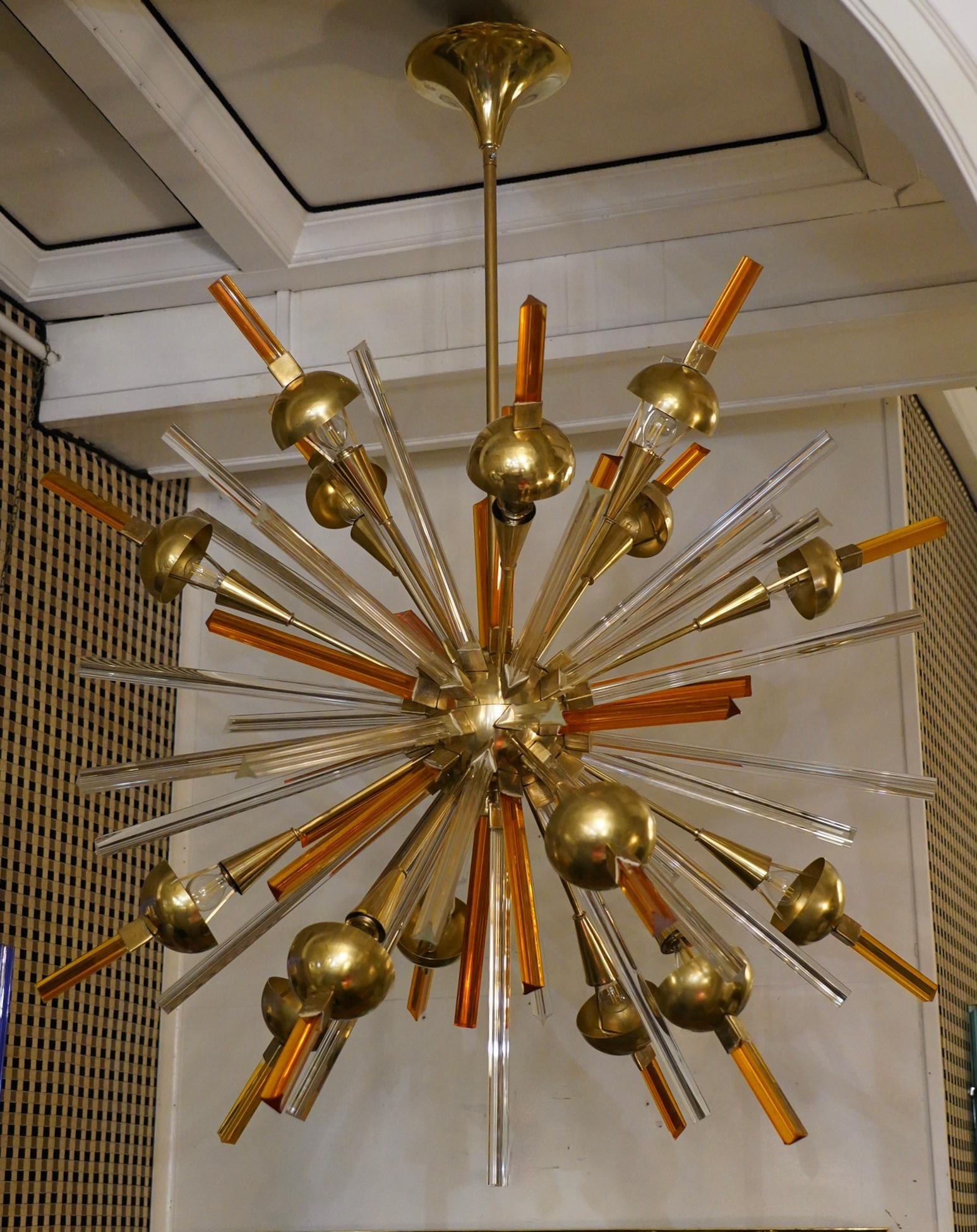 Mid-Century Modern Murano Art Glass and Brass Orange Color Chandelier and Pendant, 1990 For Sale