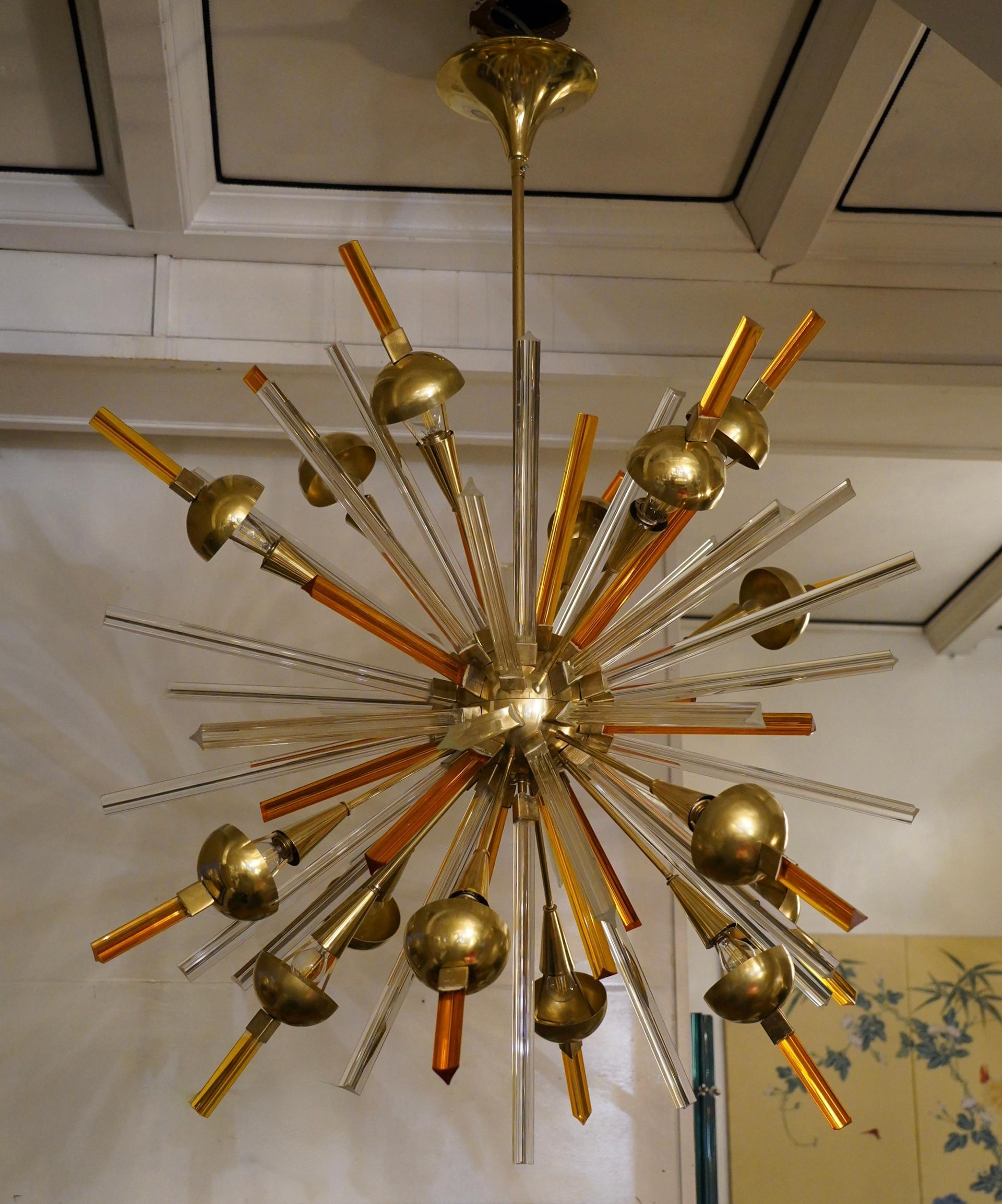 Late 20th Century Murano Art Glass and Brass Orange Color Chandelier and Pendant, 1990 For Sale