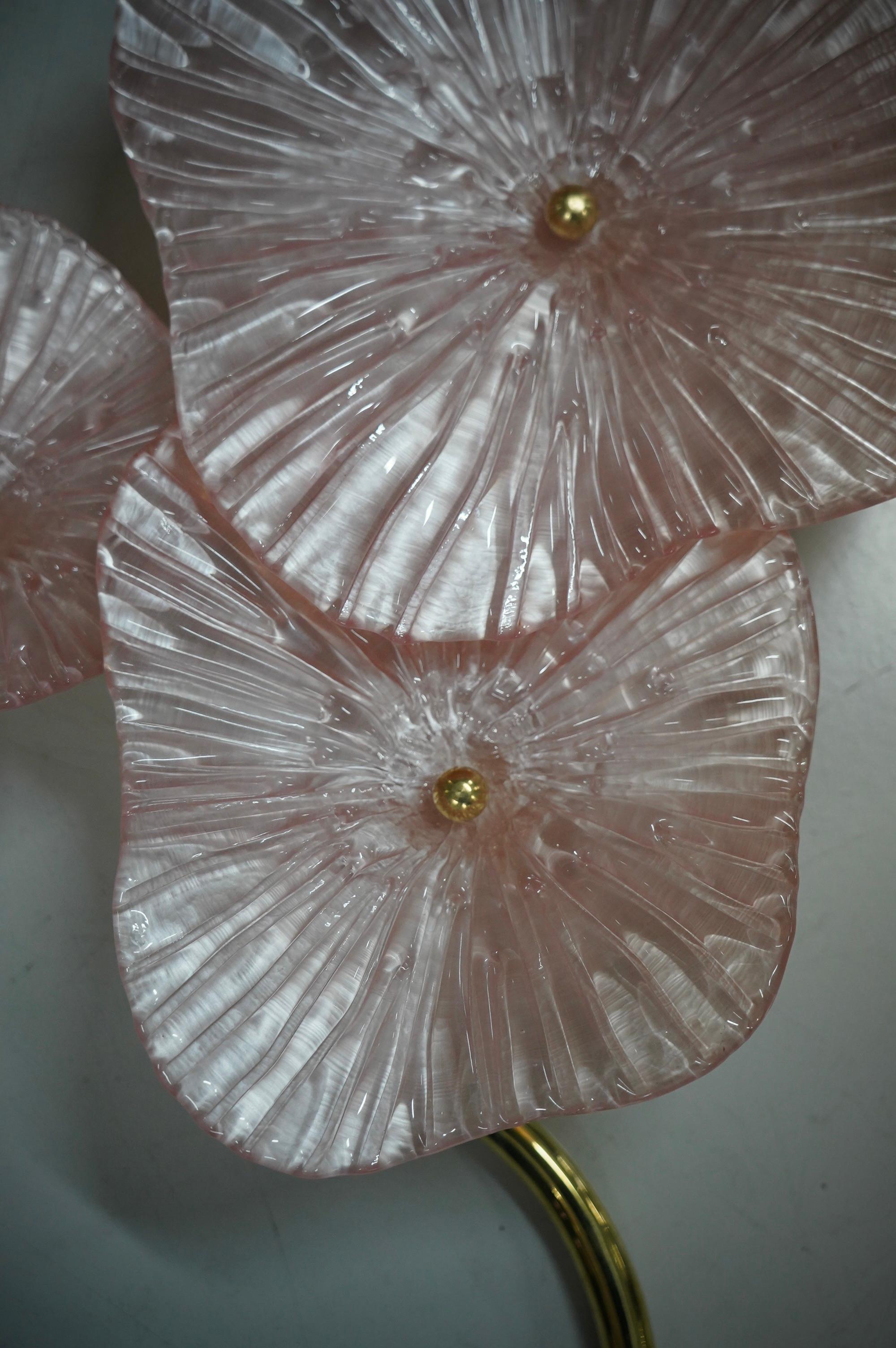Late 20th Century Murano Art Glass and Brass Pearly Pink Wall Light and Sconces, 1990 For Sale