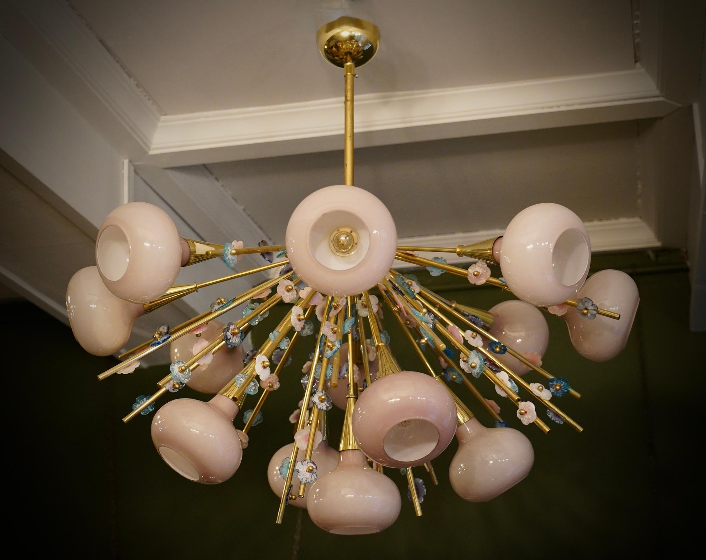 Murano Art Glass and Brass Pink Color Chandelier and Pendant, 1990 For Sale 5