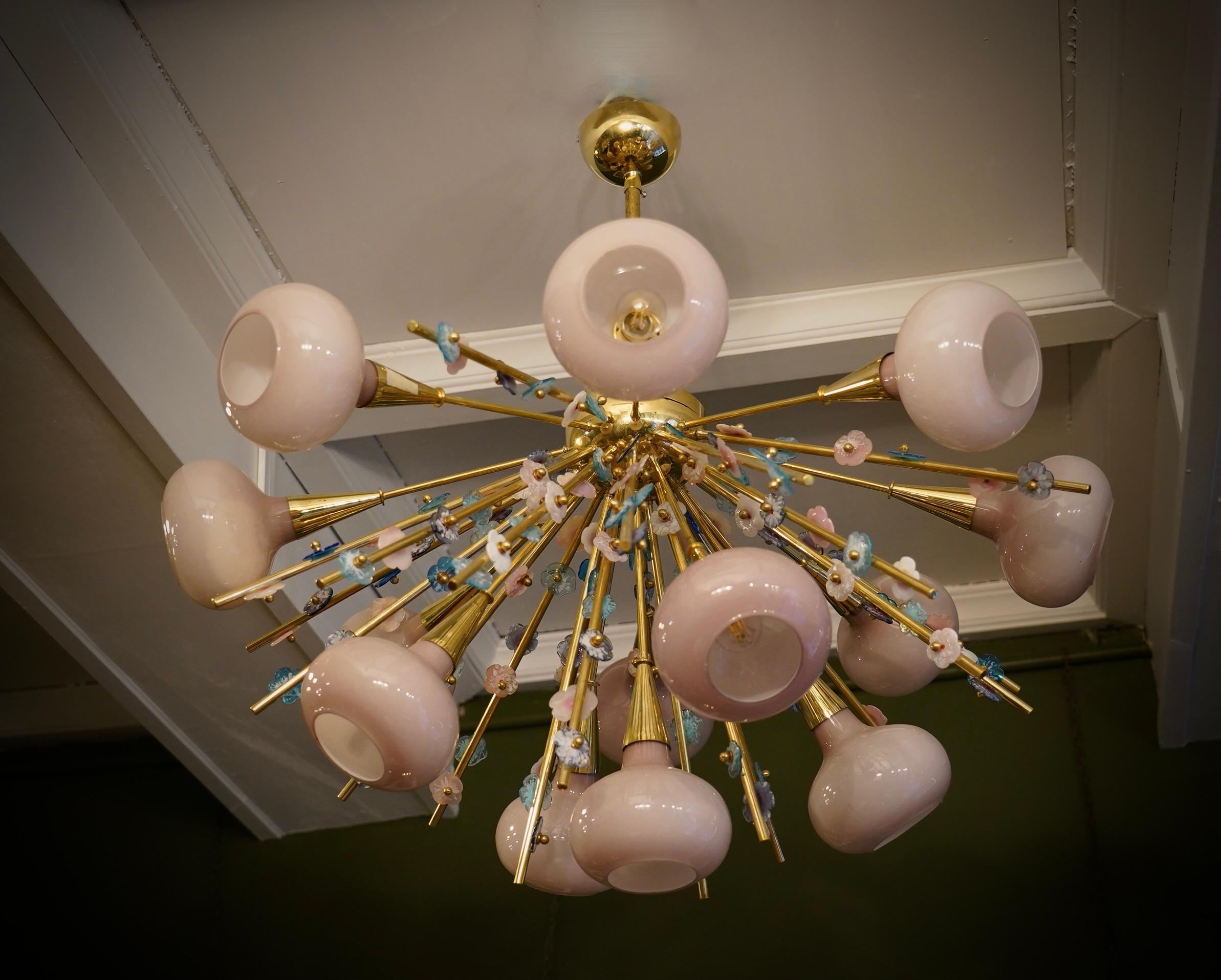 Murano Art Glass and Brass Pink Color Chandelier and Pendant, 1990 For Sale 1