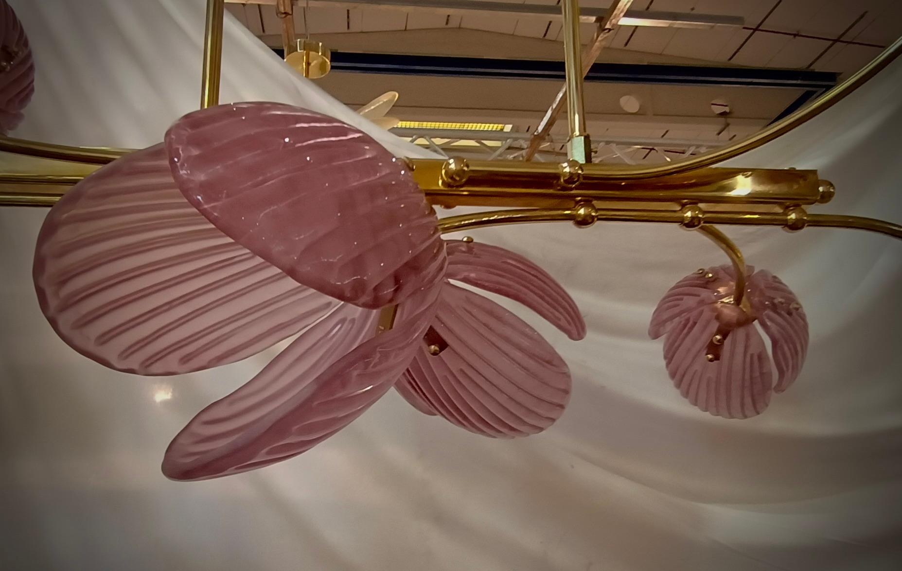 Mid-Century Modern Murano Art Glass and Brass Pink Color Mid-Century Chandelier and Pendant, 2020 For Sale