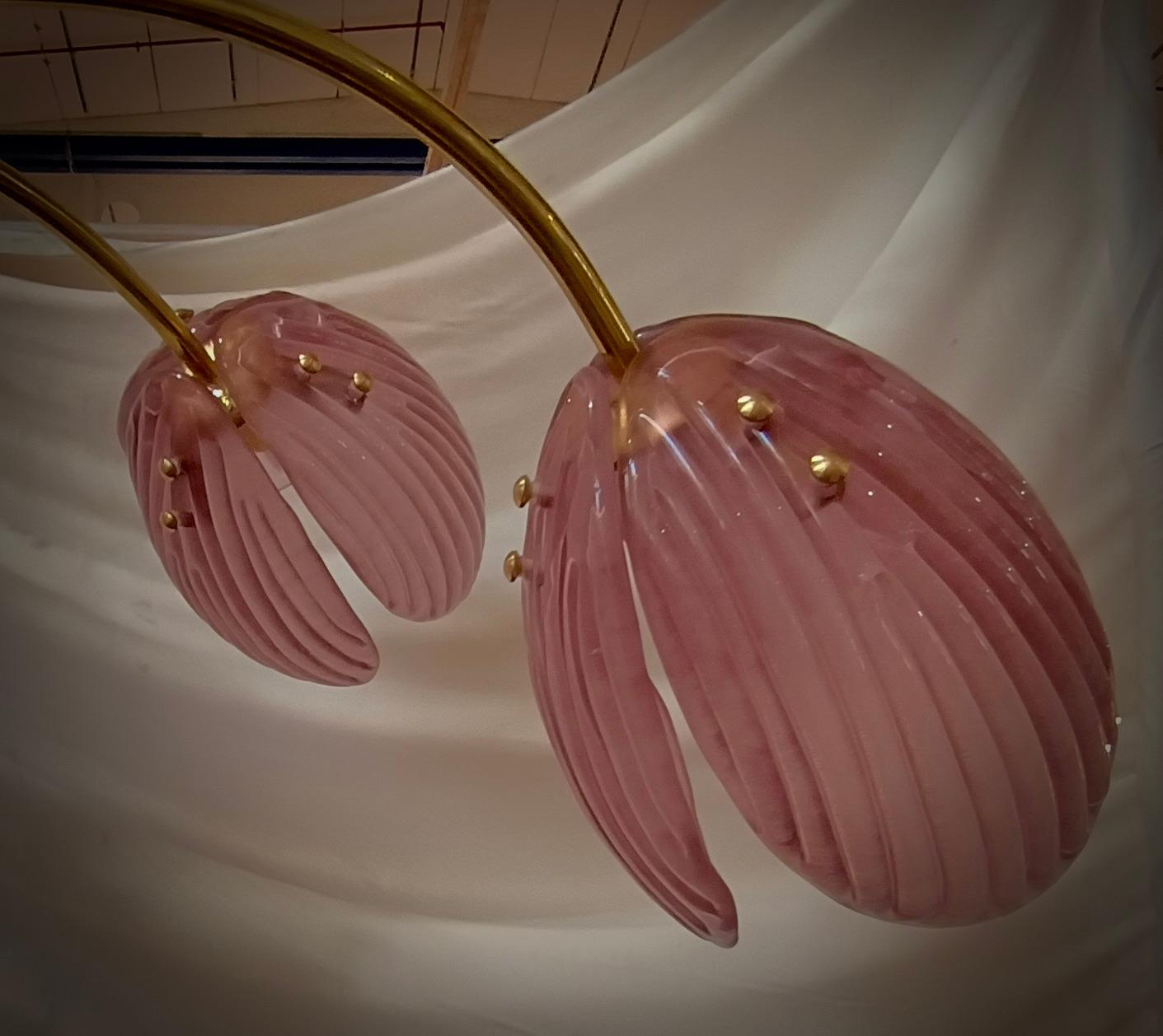 Italian Murano Art Glass and Brass Pink Color Mid-Century Chandelier and Pendant, 2020 For Sale