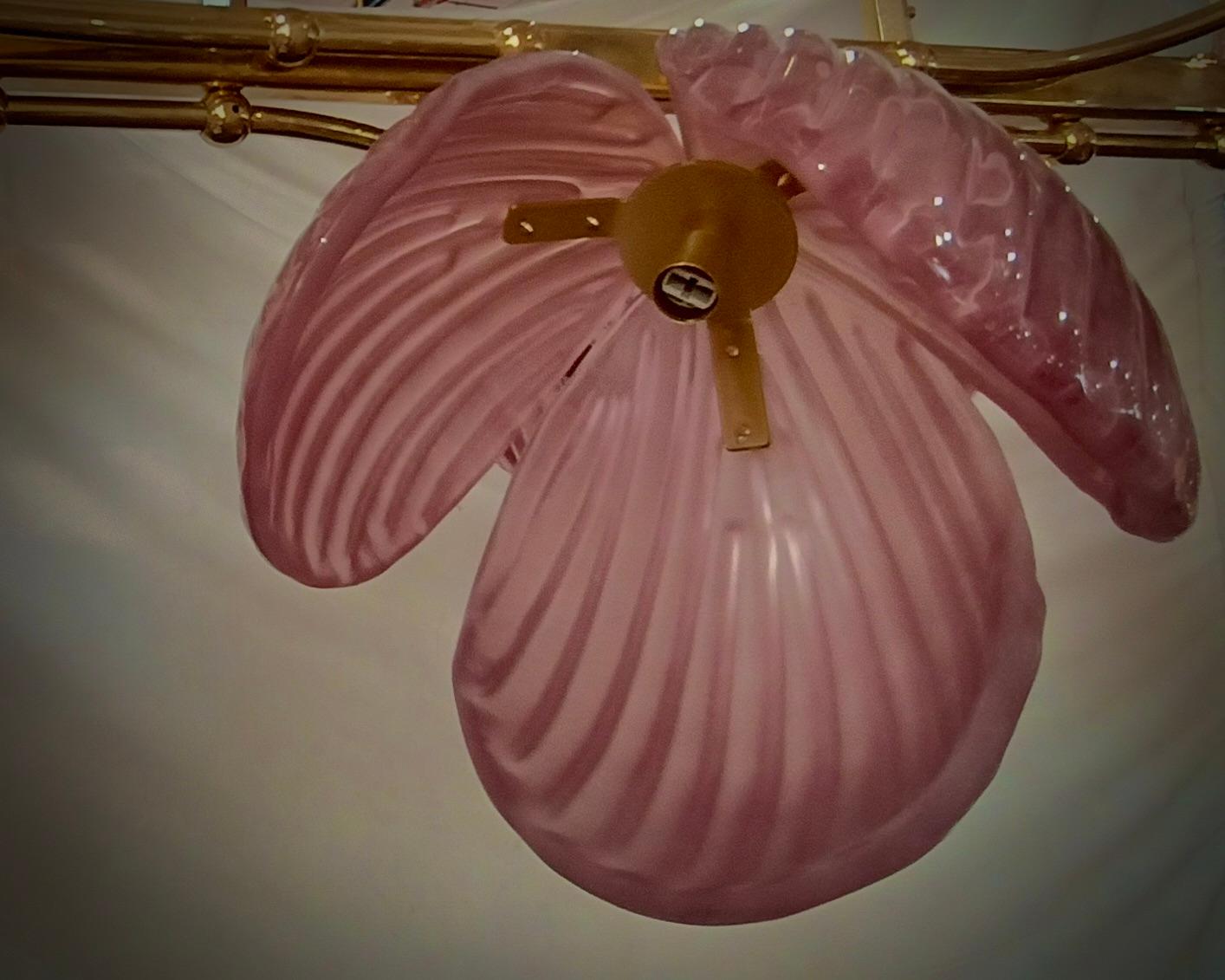 Contemporary Murano Art Glass and Brass Pink Color Mid-Century Chandelier and Pendant, 2020 For Sale